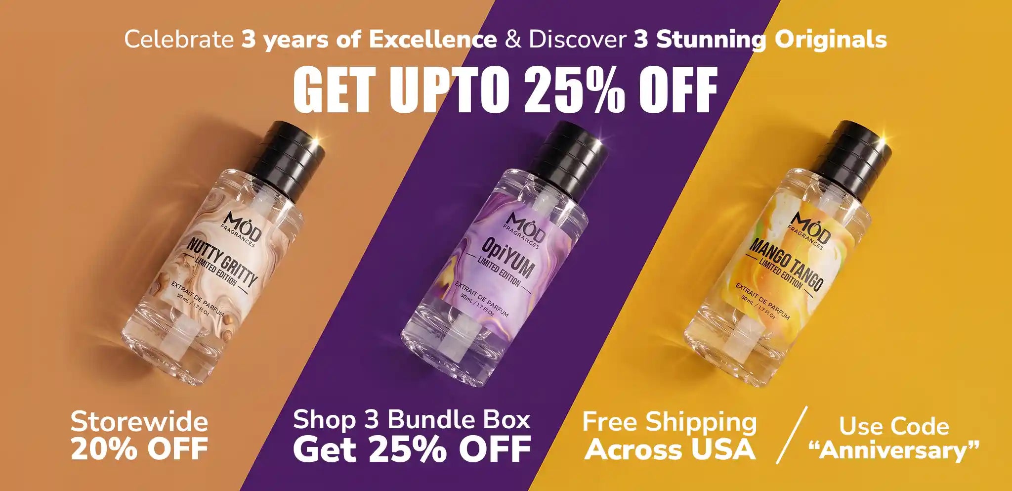 Promotional banner featuring three clear perfume bottles labeled MOON PHOENIX, OPHIVUM, and MANGO TANGER on a split orange, purple, and yellow background with large sale text.