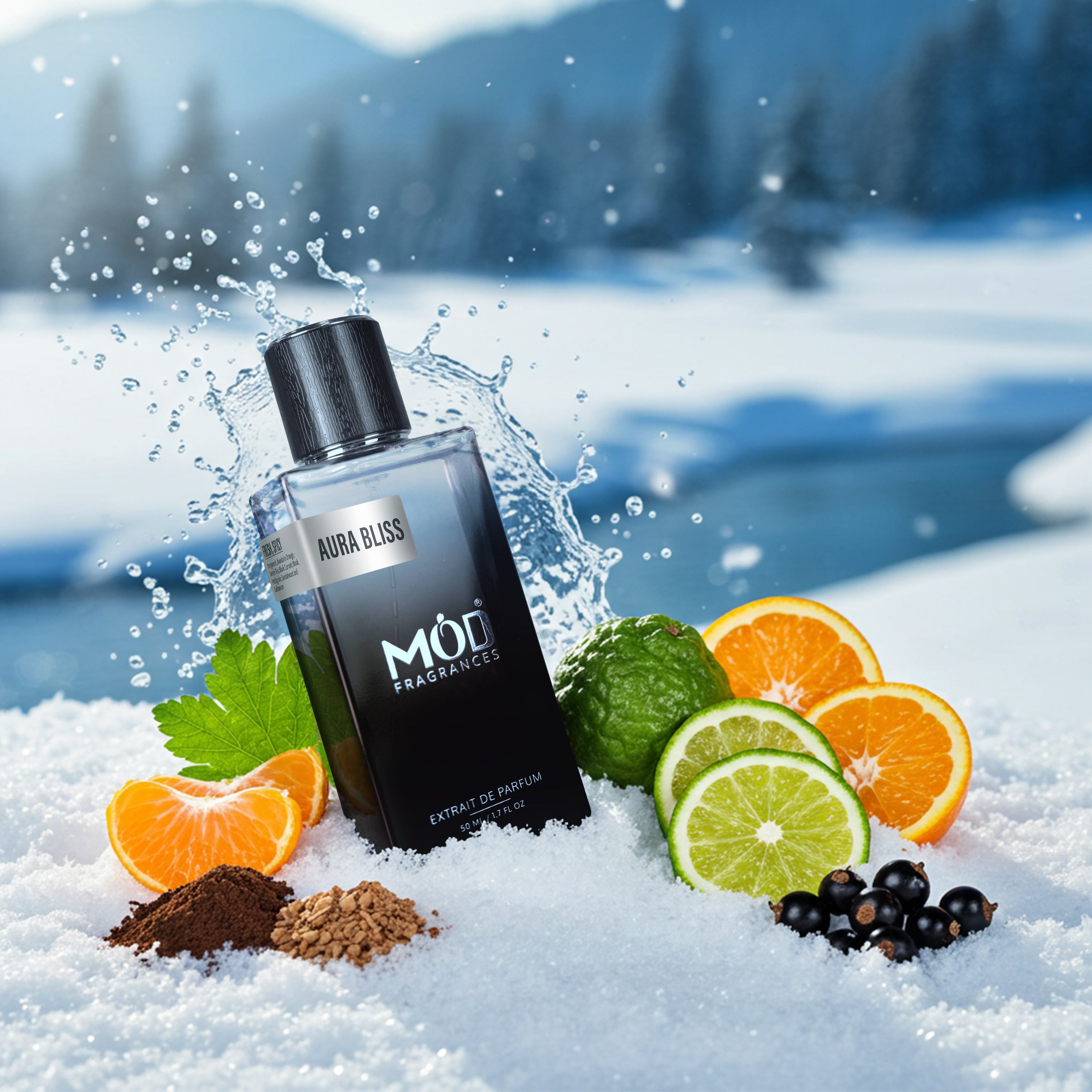 Inspired by Silver Mountain Water Perfume bottle with citrus fruits and spices on a snowy background