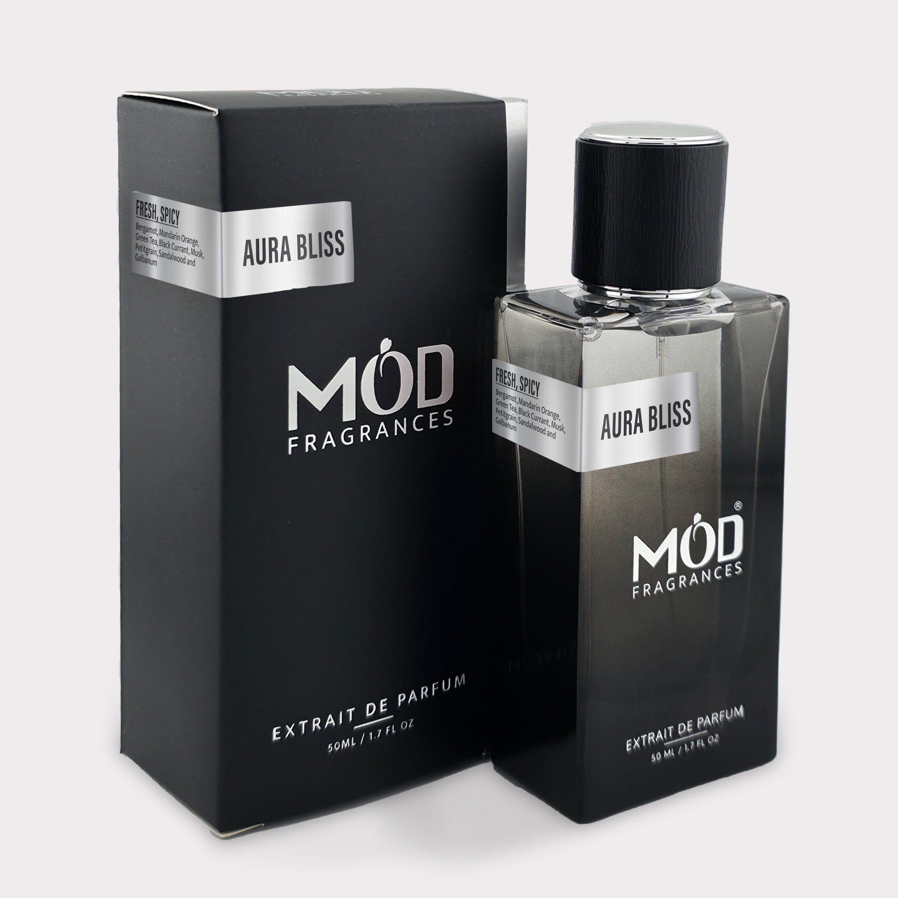Inspired by Silver Mountain Water Möd Fragrances Aura Bliss perfume bottle and packaging on a white background