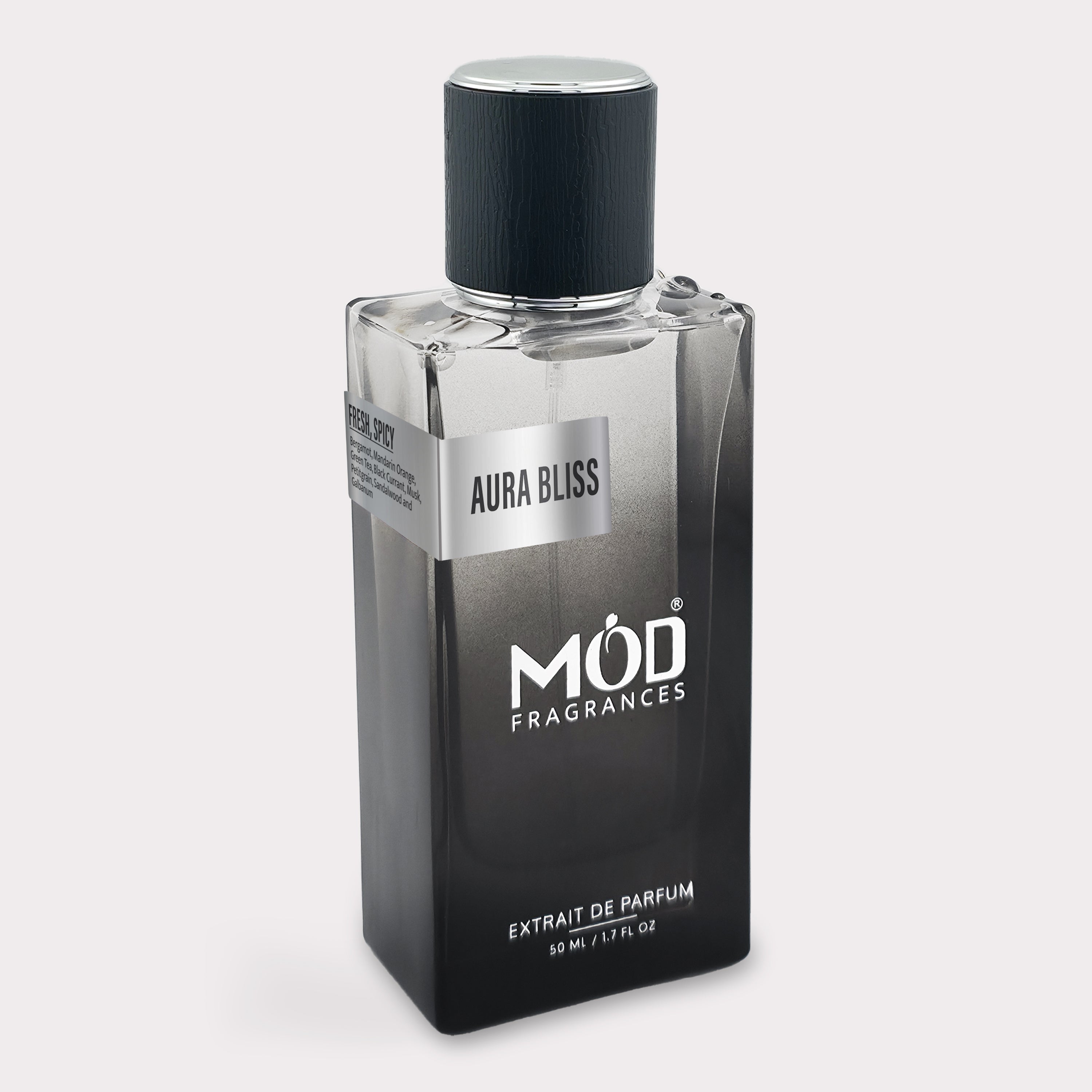 Inspired by Silver Mountain Water Perfume bottle labeled 'Aura Bliss' by 'MOD Fragrances' on a light gray background