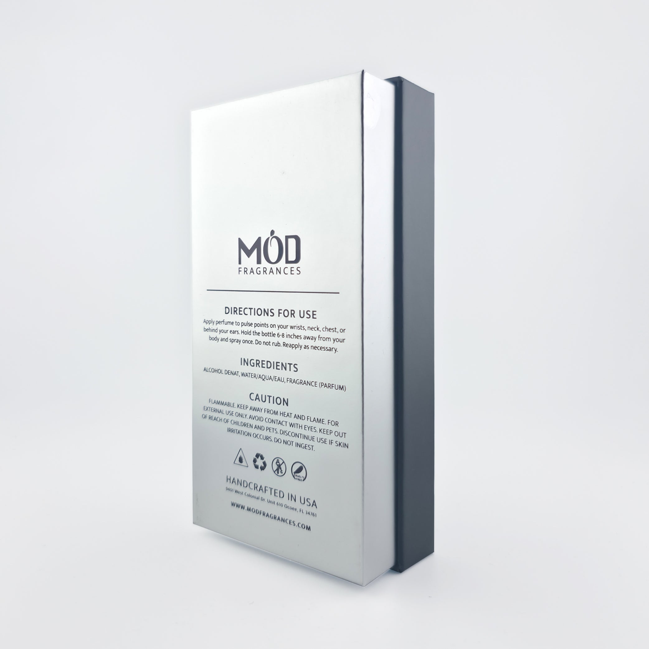 Möd Fragrances packaging with directions for use, ingredients, and caution information on a white background.