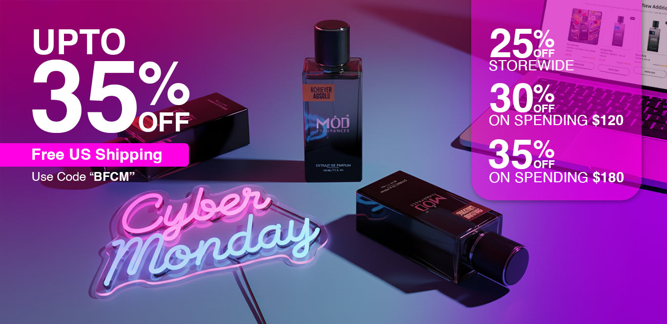 Mod Fragrances Perfume Dupes Promotional Cyber Monday advertisement with perfume bottles and discount text on a purple gradient background.