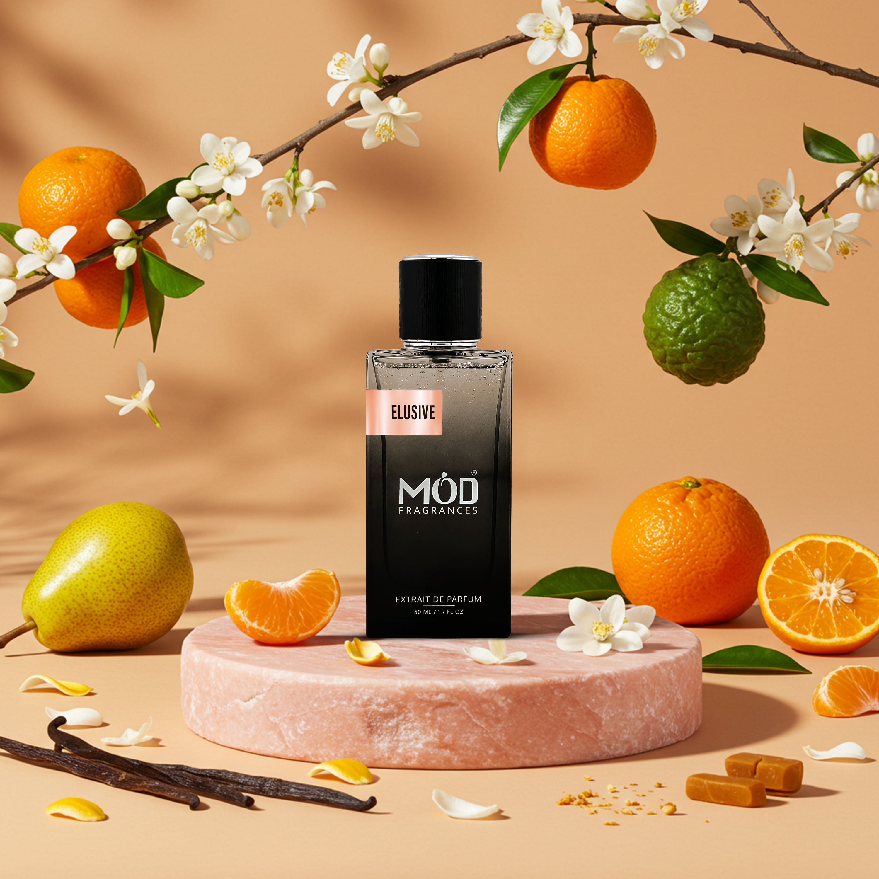 Möd perfumes bottle with fruits and flowers on a beige background