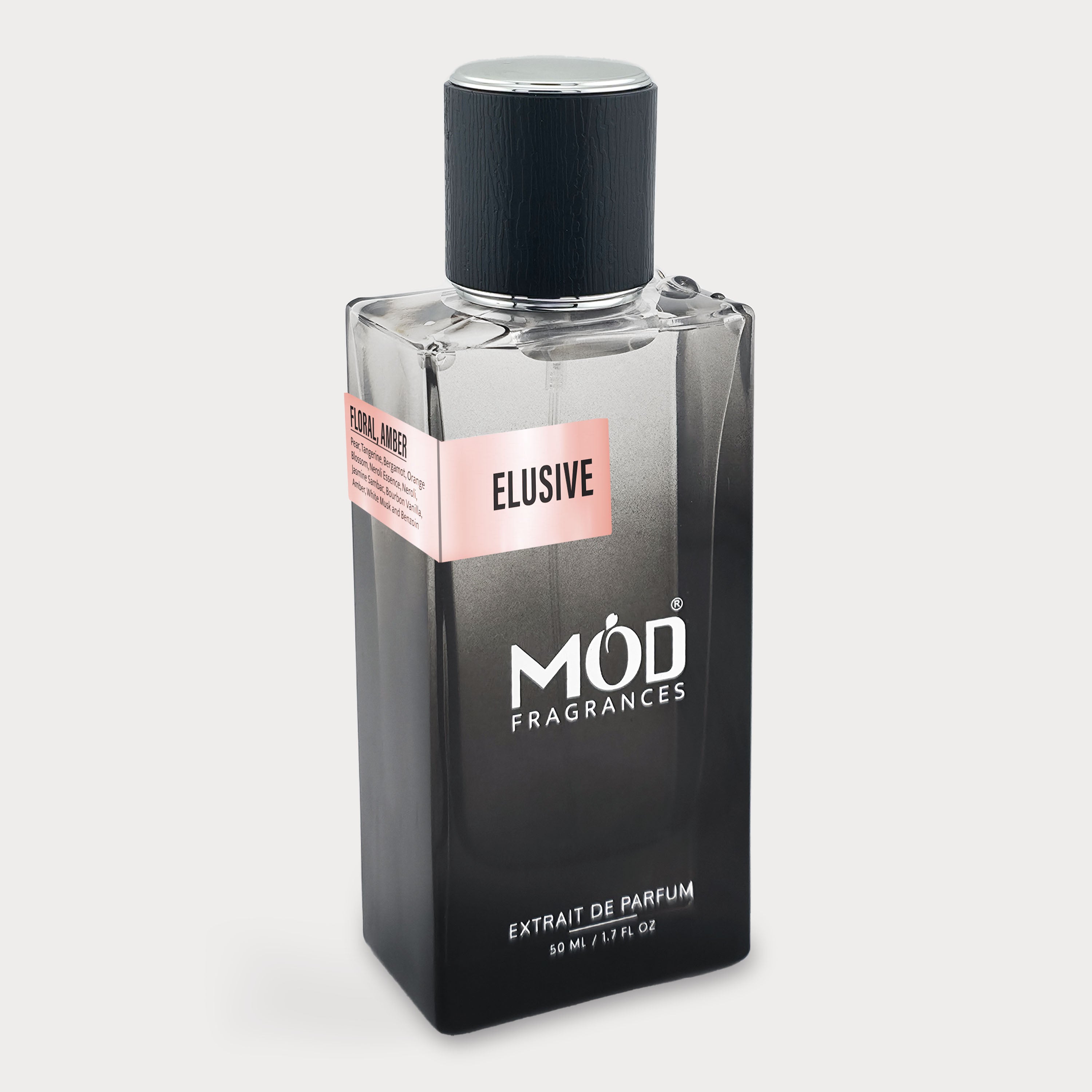 Black perfume bottle labeled 'Elusive' by MOD Fragrances on a light gray background