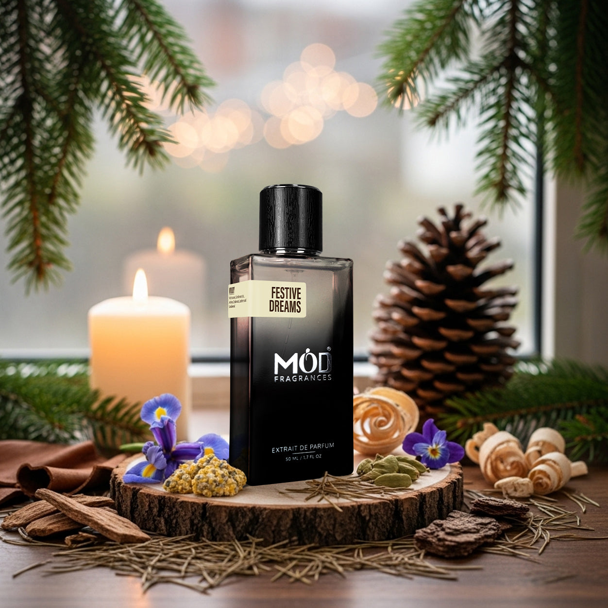 Festive Dreams perfume bottle by MOD Fragrances on a wooden surface with candles and pine cones.