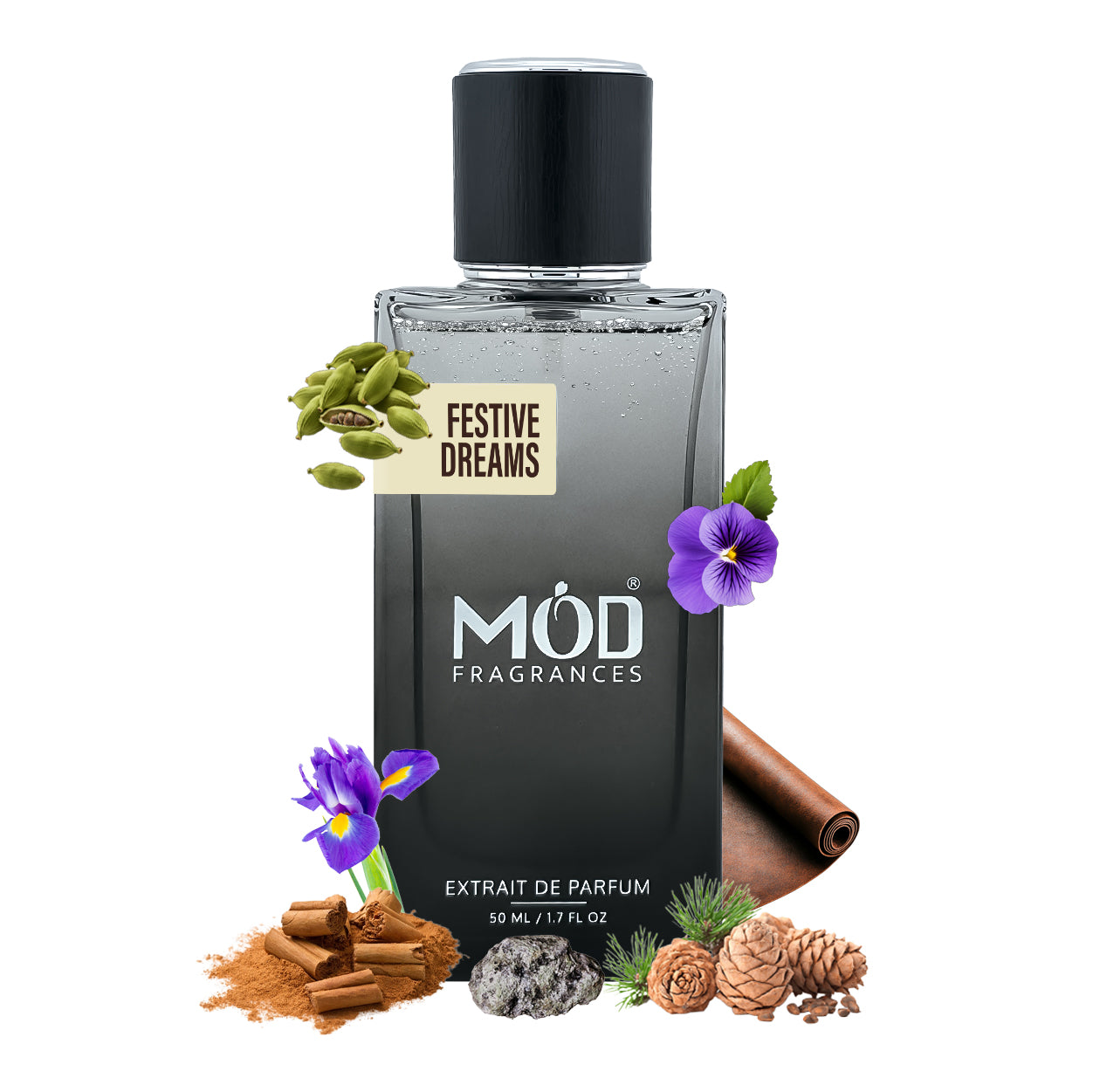 Inspired by Santal 33 Perfume bottle labeled 'Festive Dreams' by MOD Fragrances with decorative elements on a white background