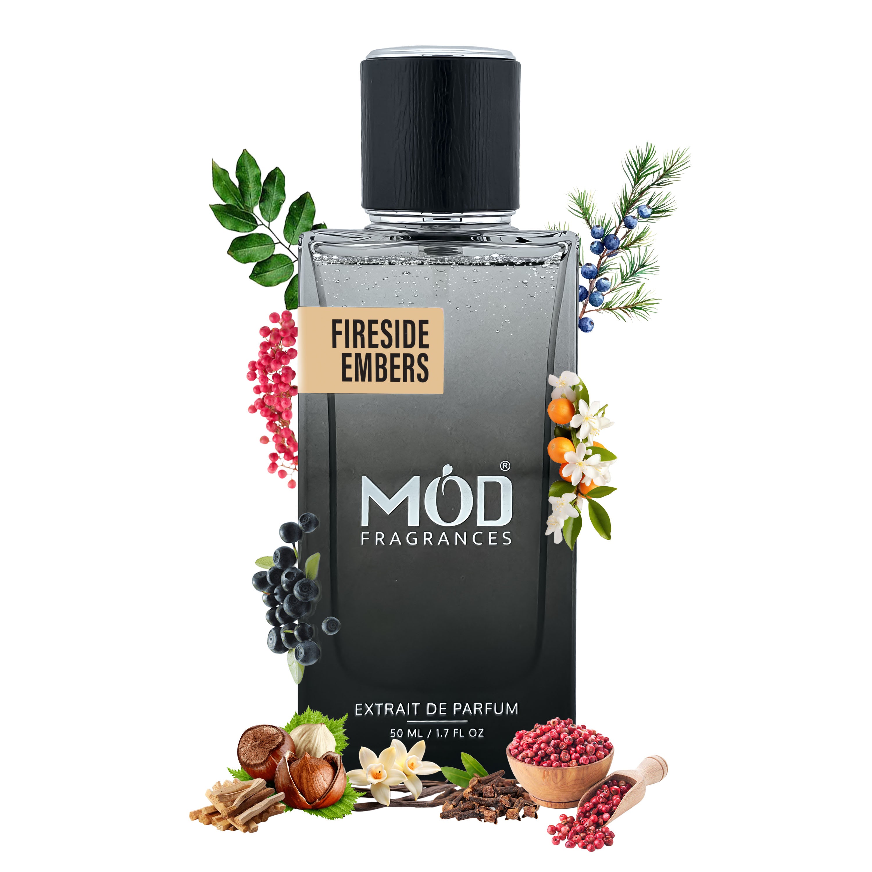 By The Fireplace Dupe Fireside Embers perfume bottle by MOD Fragrances with decorative elements on a white background