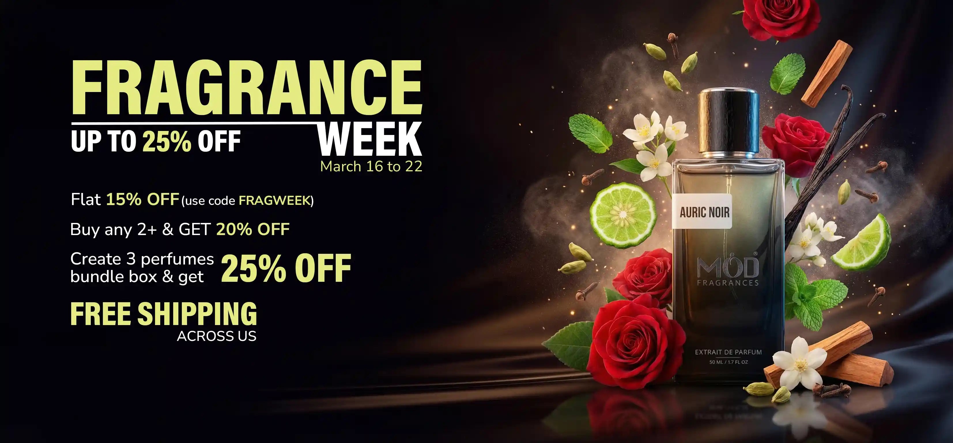 Advertisement for Fragrance Week with a perfume bottle surrounded by flowers and leaves on a dark background.