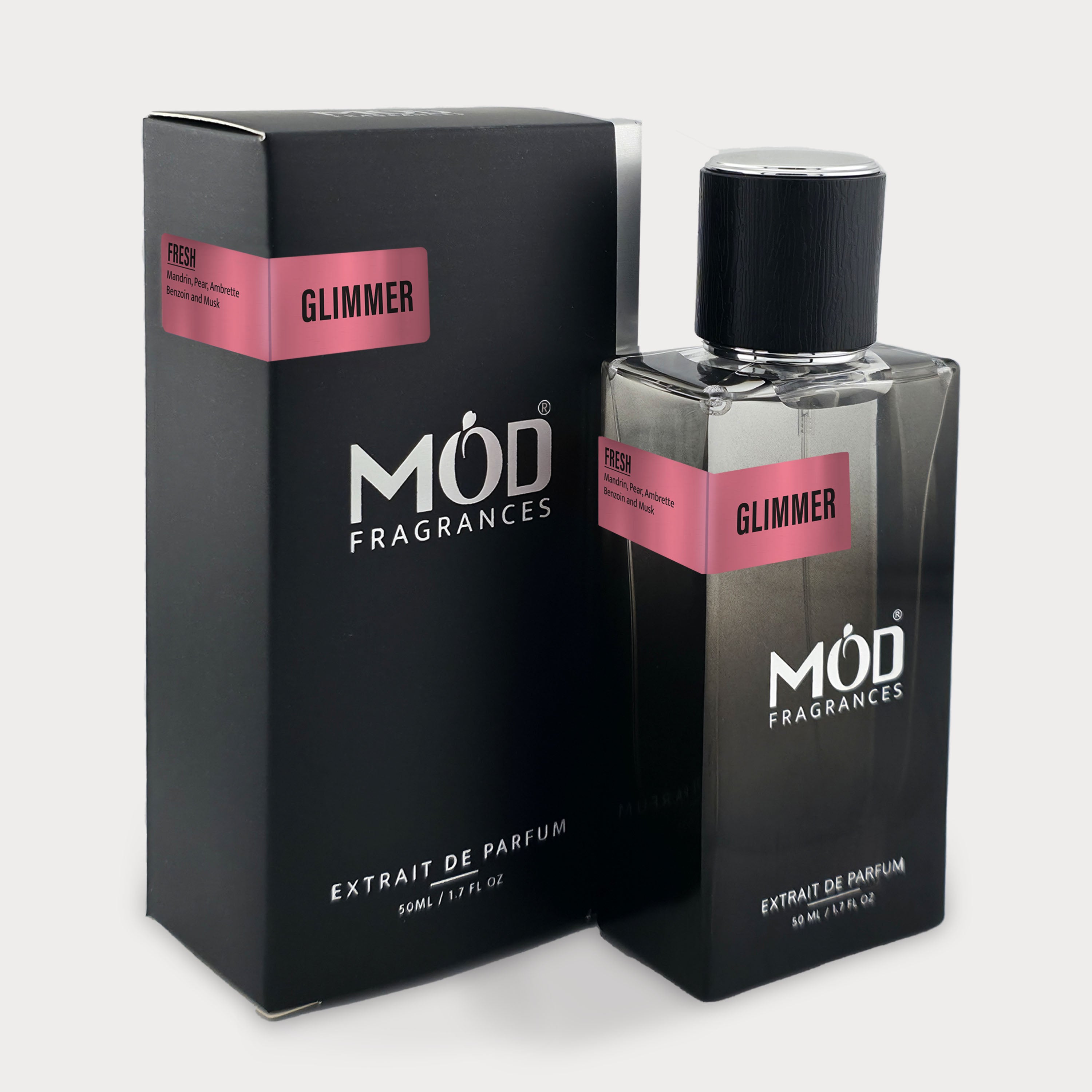 Möd Fragrances Glimmer perfume bottle and packaging on a white background