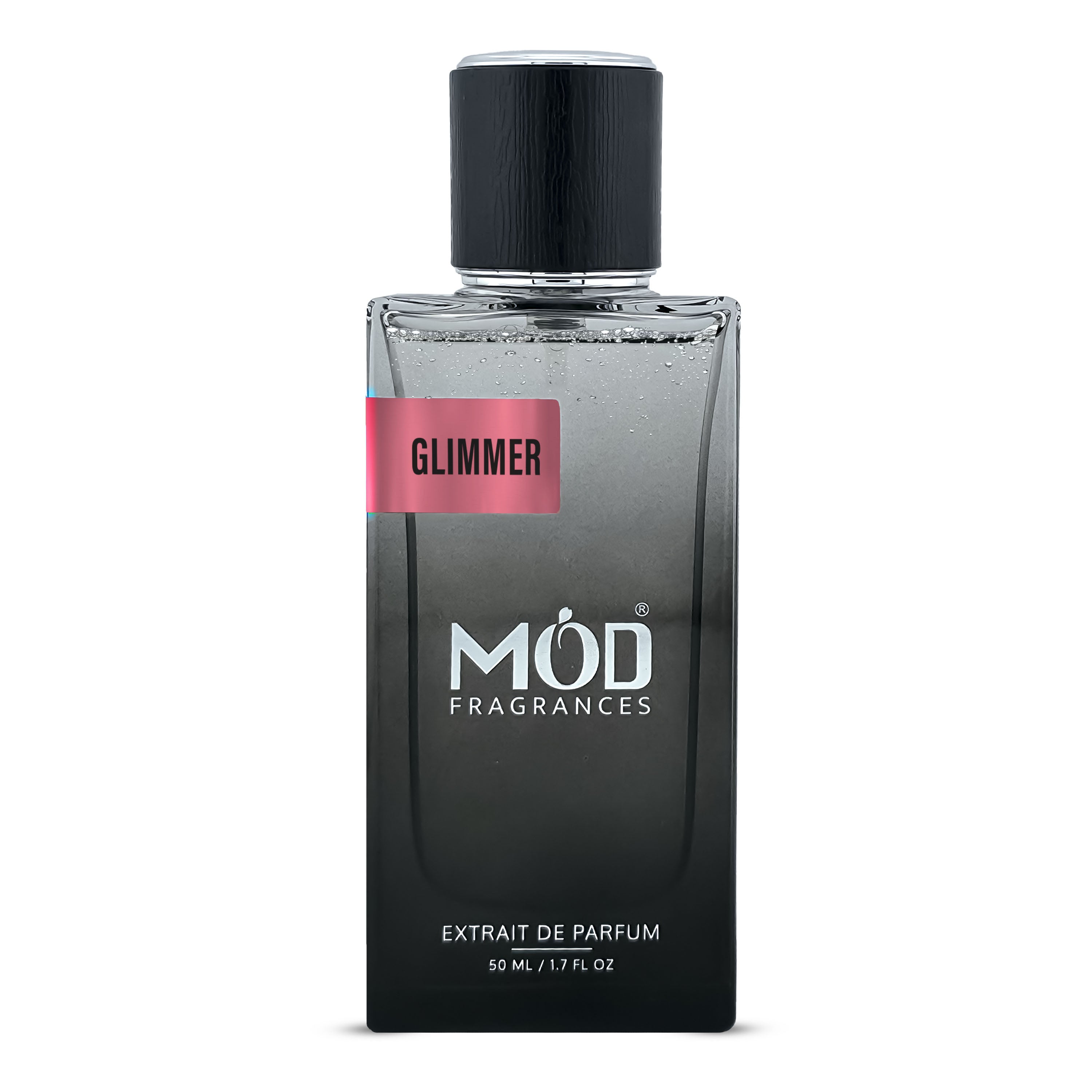 Perfume bottle labeled 'Glimmer' by Möd Fragrances on a white background