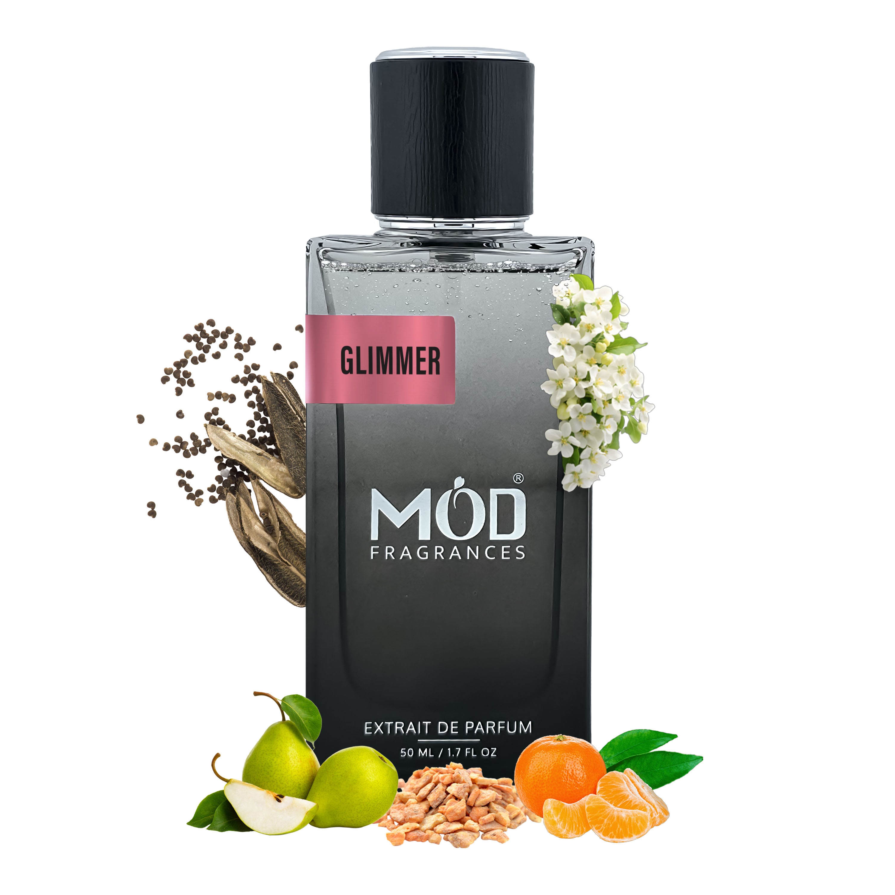 Möd Fragrances Glimmer perfume bottle with floral and fruit elements on a white background