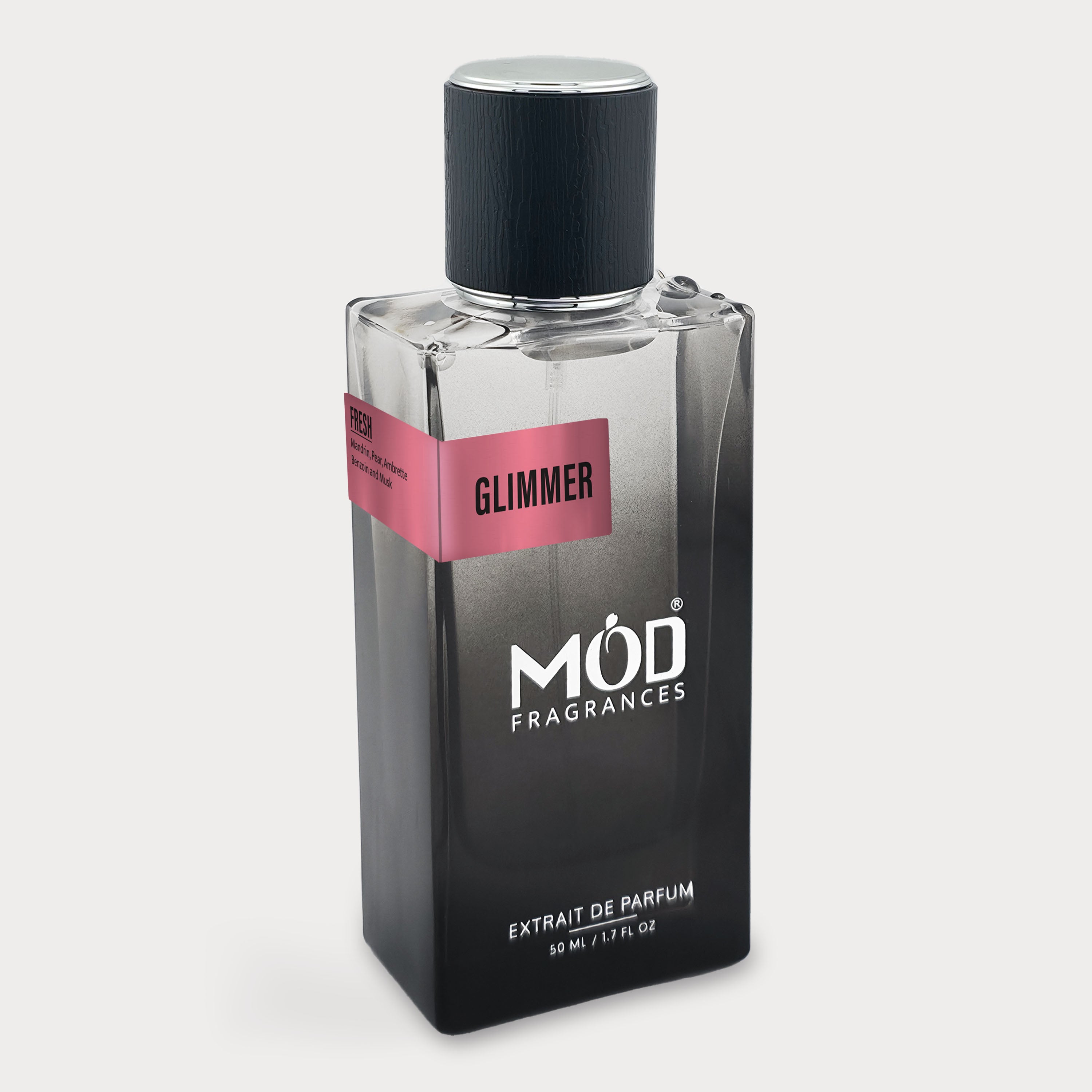 Perfume bottle labeled 'Glimmer' by MOD Fragrances on a light gray background