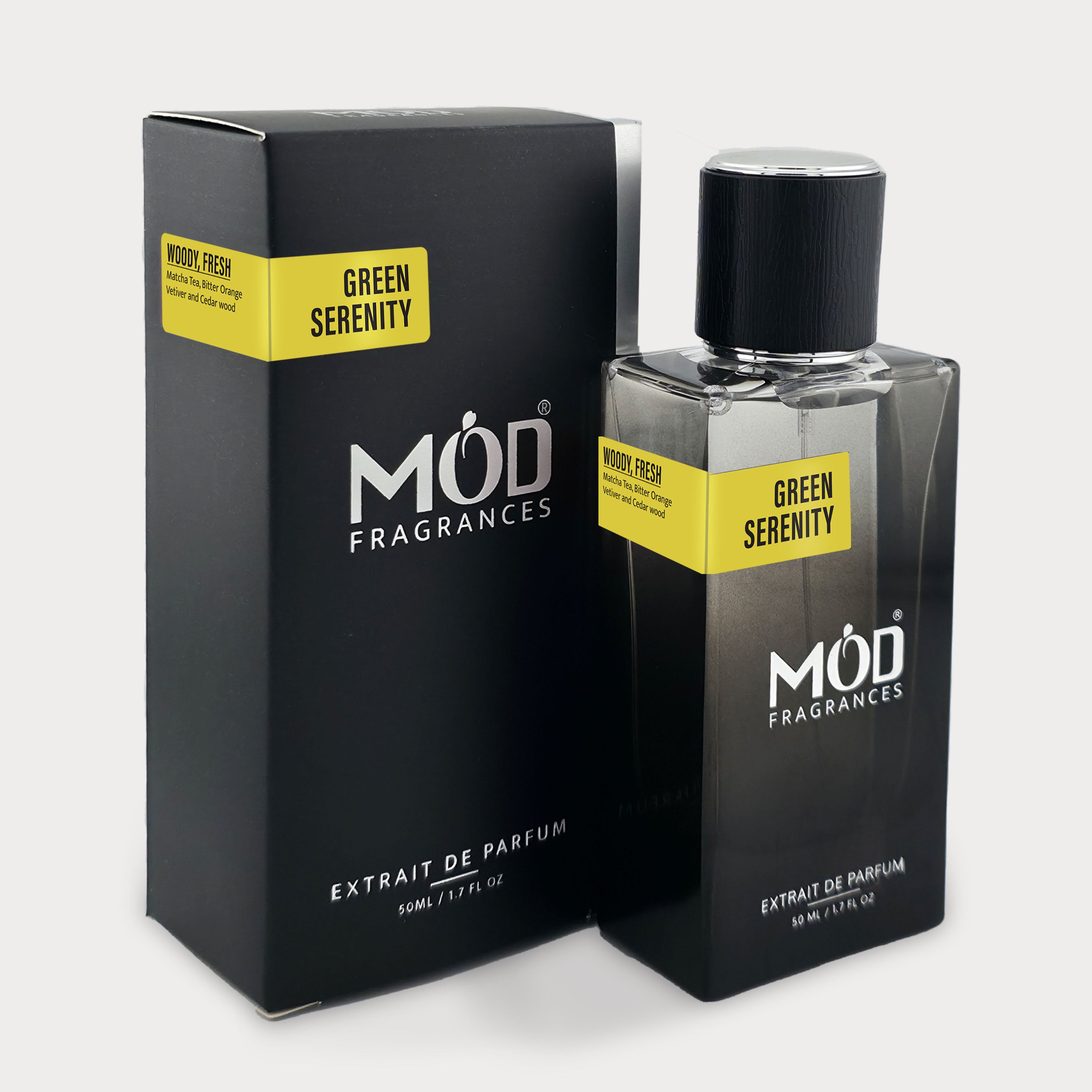 Inspired by Matcha 26 Perfume Dupe Möd Fragrances Green Serenity perfume bottle and packaging on a white background