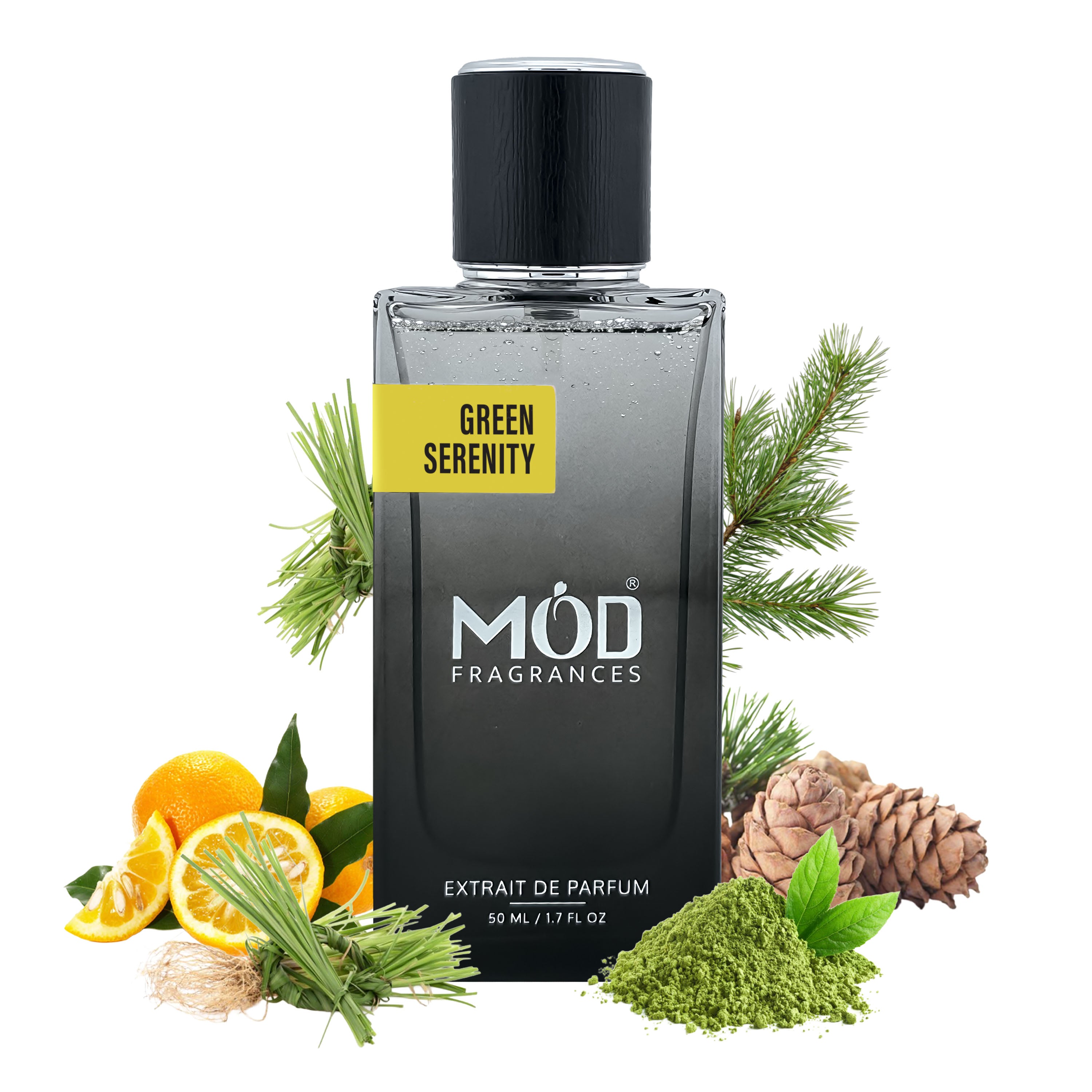 Inspired by Matcha 26 Perfume Dupe Perfume bottle labeled 'Green Serenity' by MOD Fragrances with natural elements on a white background