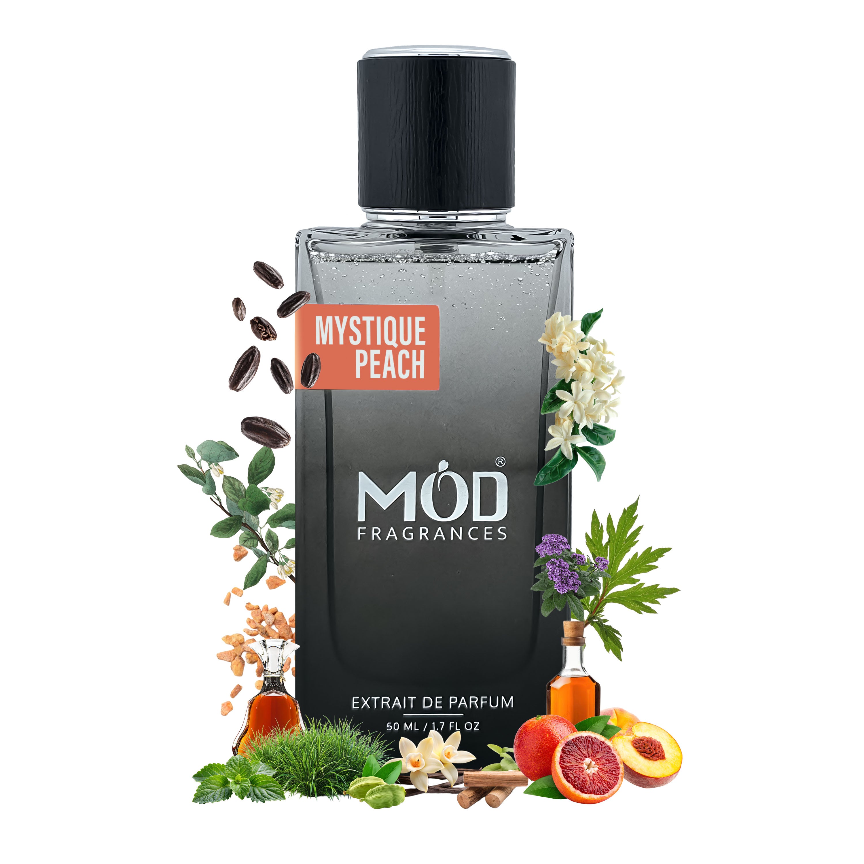 Inspired by Bitter Peach - Mystique Peach perfume bottle by Möd Fragrances with floral and fruit elements on a white background