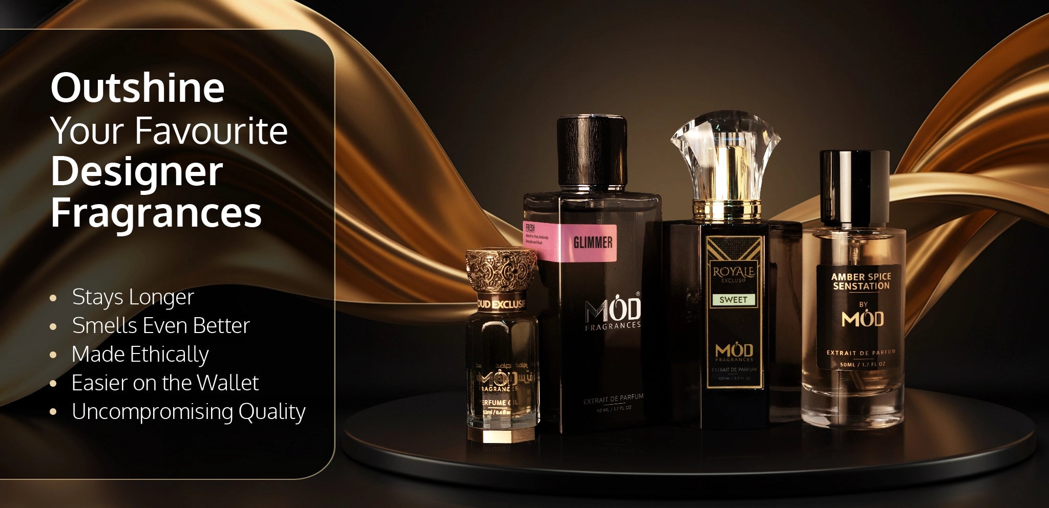 Outshine Your Favorite Designer Fragrances. Perfume Dupes Collection of Möd perfume bottles on a dark background.