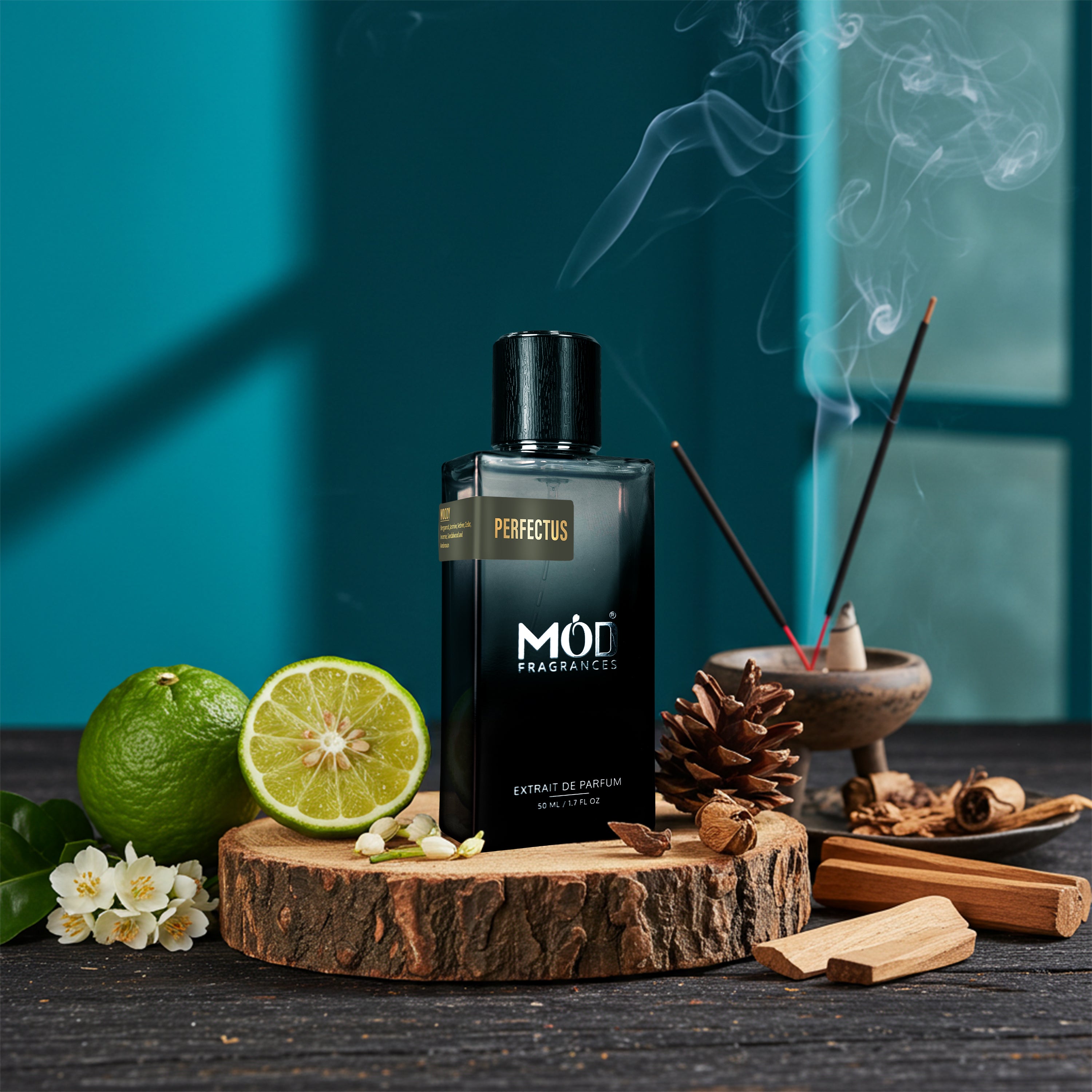Black perfume bottle labeled 'Möd' on a wooden stand with limes, flowers, and incense in the background Penhaligon's The Inimitable William Dupe