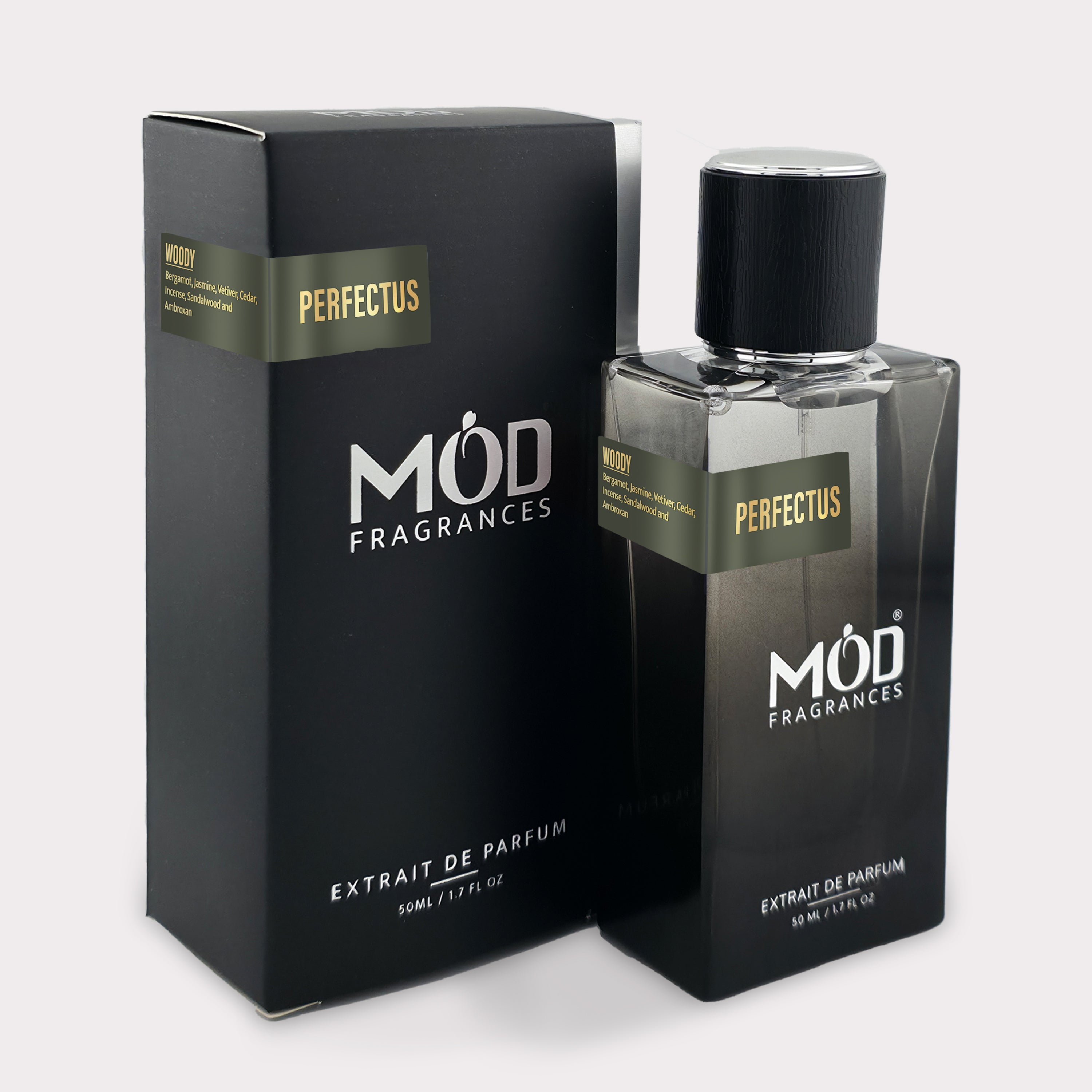 Möd Fragrances Perfectus perfume bottle and packaging on a white background Penhaligon's The Inimitable William Dupe