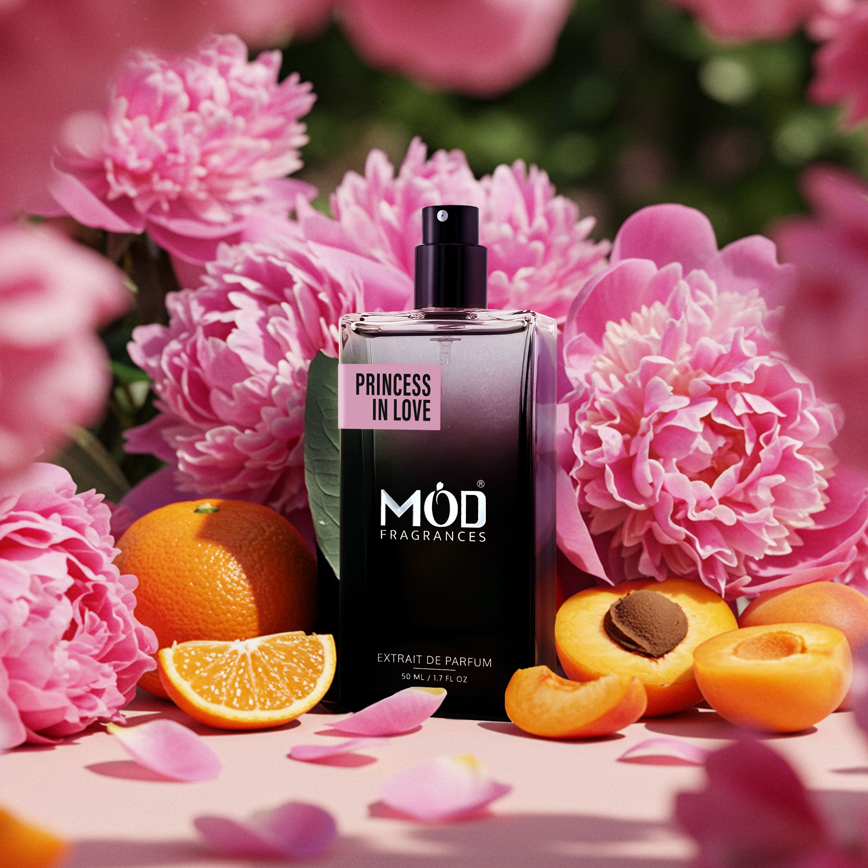 Perfume bottle labeled 'Princess in Love' by MOD Fragrances with pink flowers and fruits on a table.