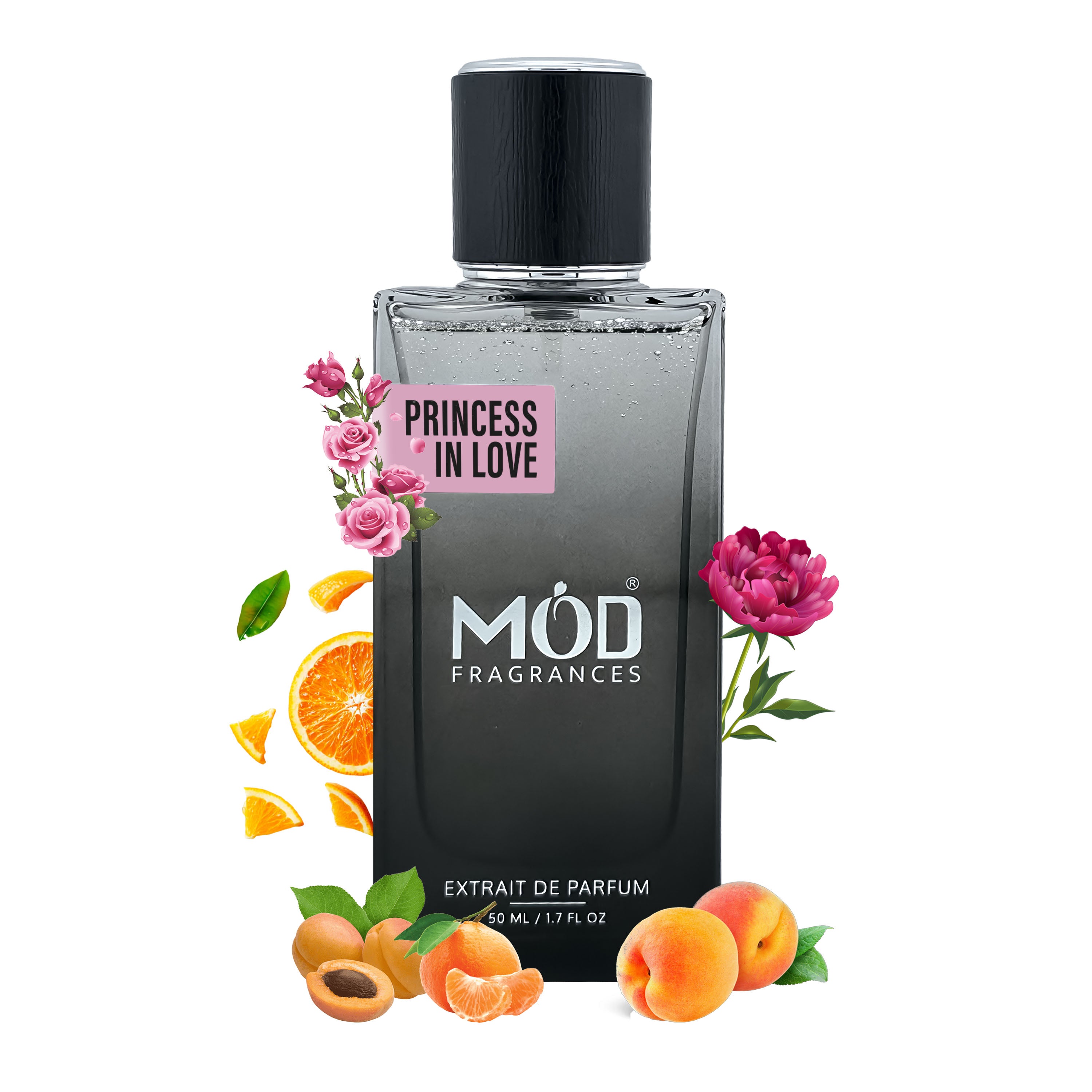 Perfume bottle labeled 'Princess in Love' by MOD Fragrances with floral and fruit graphics on a white background.
