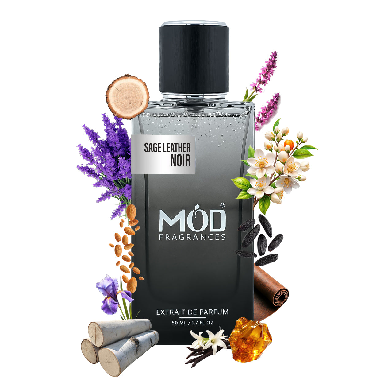 Inspired by Fabulous Perfume bottle labeled 'Sage Leather Noir' by MOD Fragrances with floral and natural elements on a white background.