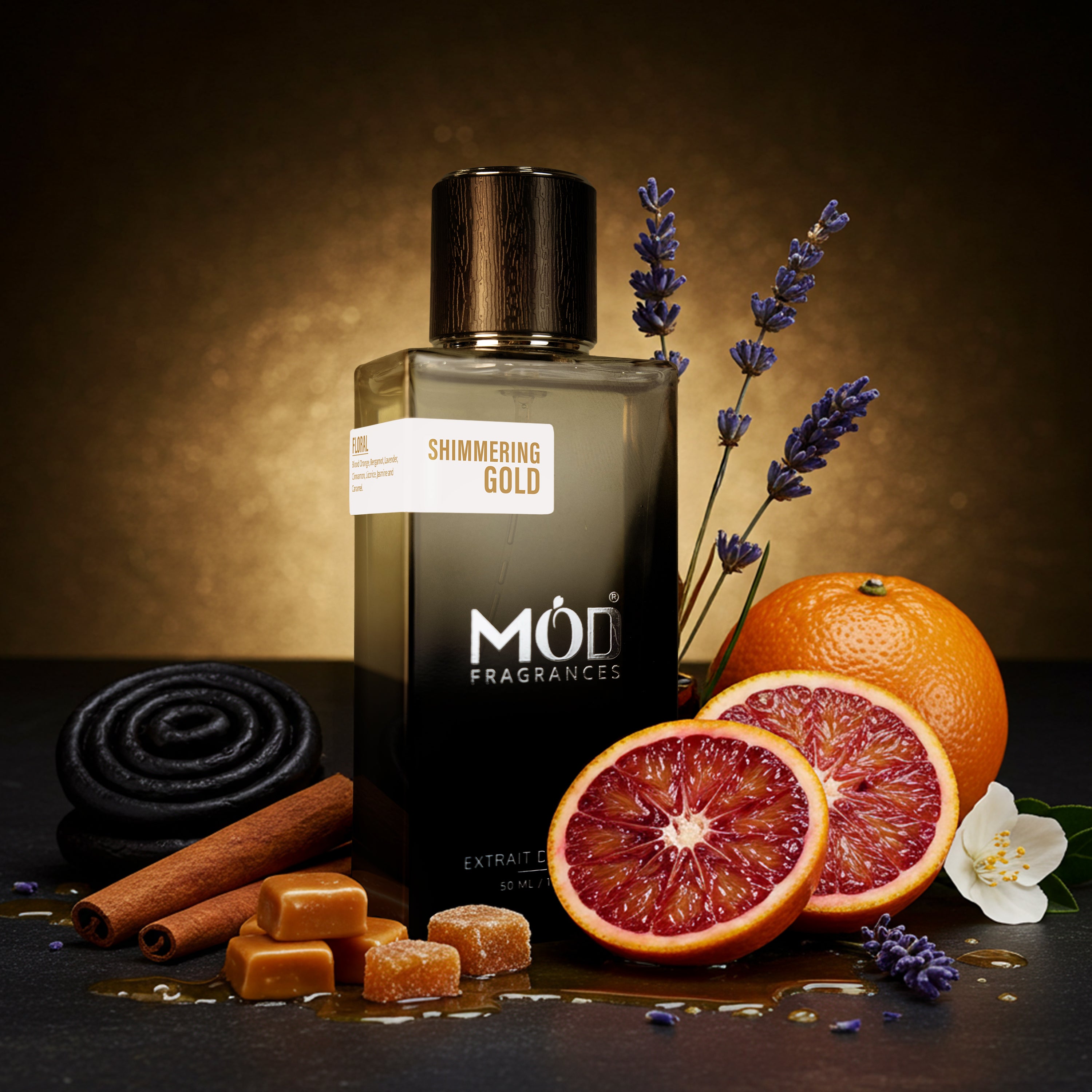 Inspired by Lira MOD Fragrances bottle of 'Shimmering Gold' with oranges, lavender, and cinnamon on a dark surface.