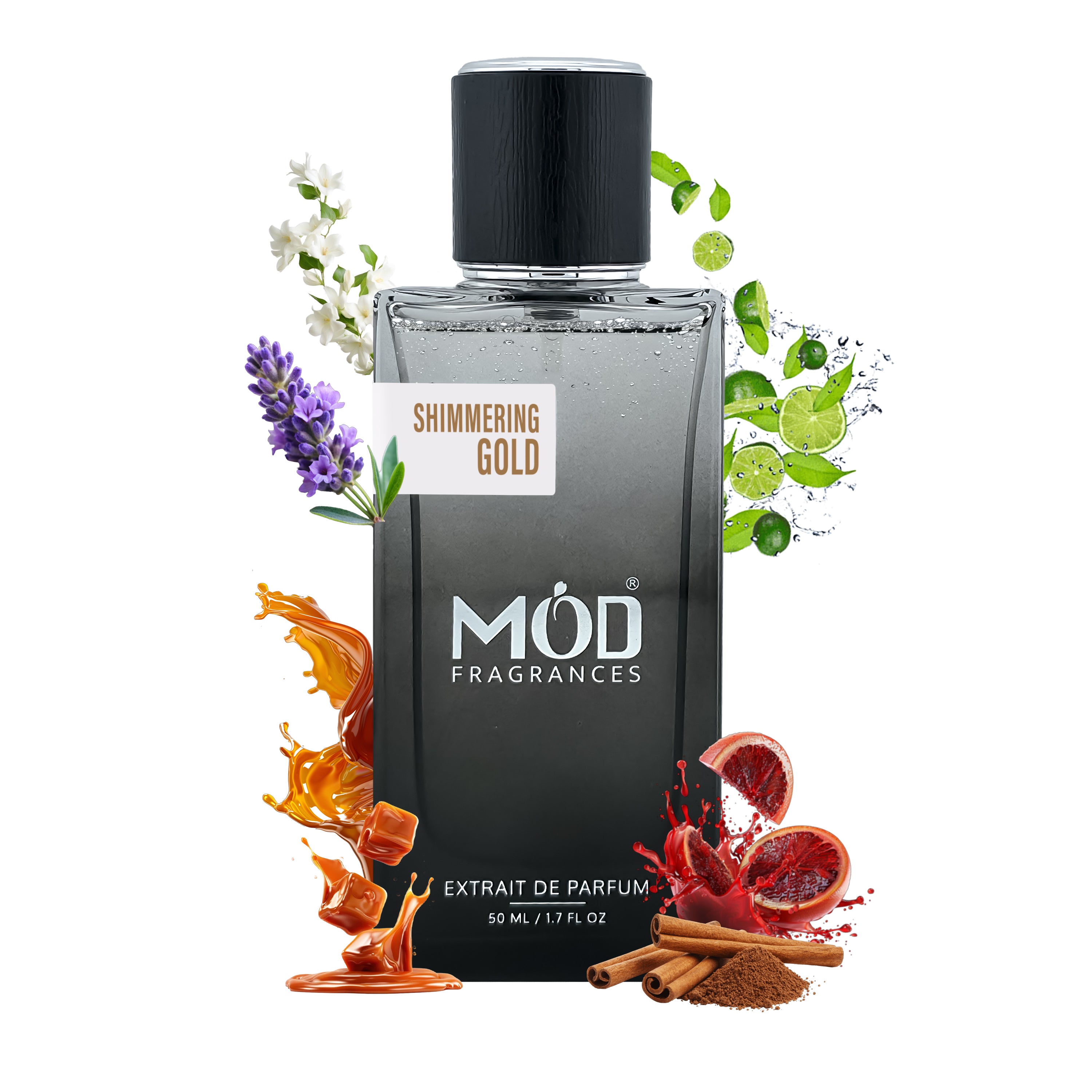 Inspired by Lira MOD Fragrances Shimmering Gold perfume bottle with floral and spice elements on a white background