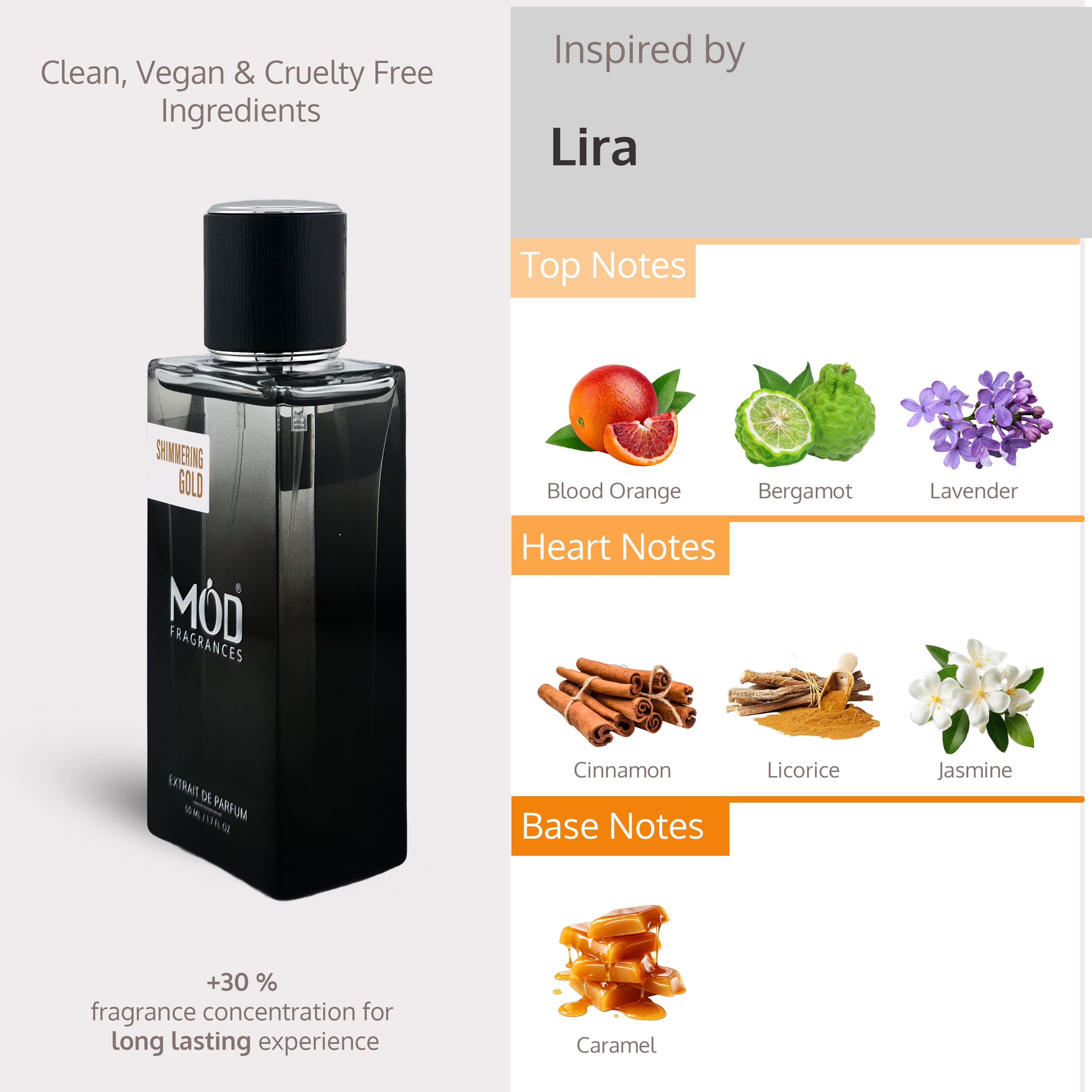 Inspired by Lira Perfume bottle with flavor notes displayed on a gray background