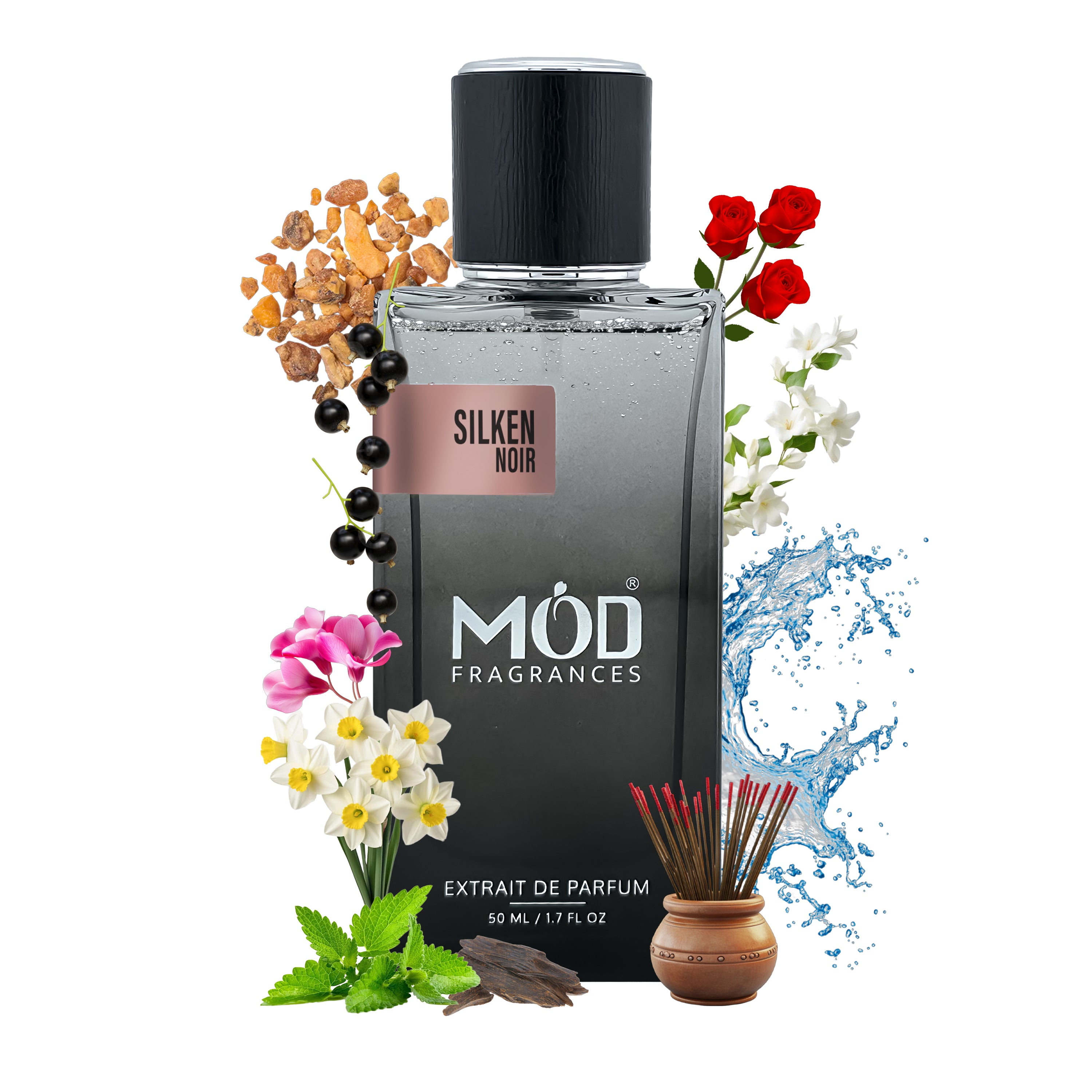 lv Matière Noire dupe Black perfume bottle labeled 'Silken Noir' by Möd Fragrances with floral and nature-themed elements on a white background.