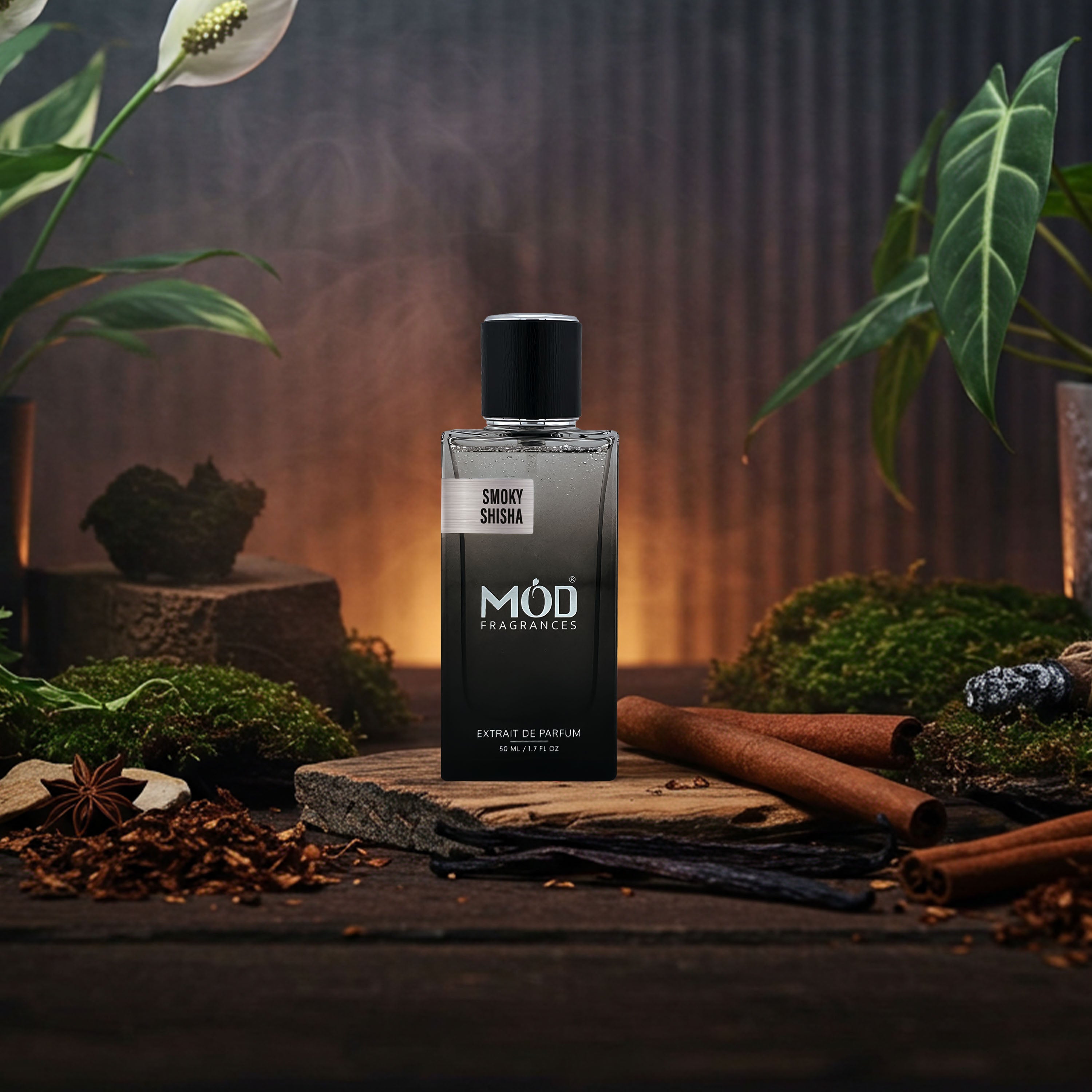 Inspired by Smoking Hot Möd Smoky Indian perfume bottle with cinnamon sticks and plants on a dark background