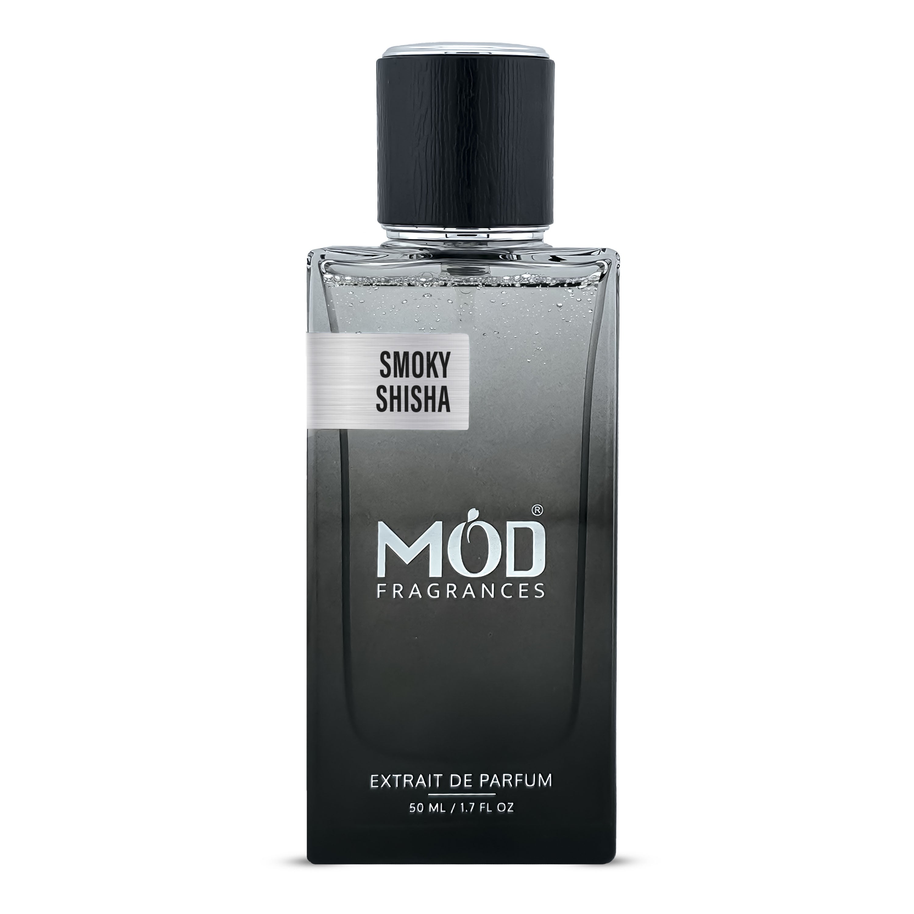 Inspired by Smoking Hot Black perfume bottle labeled 'Smoky Shisha' by Möd Fragrances on a white background