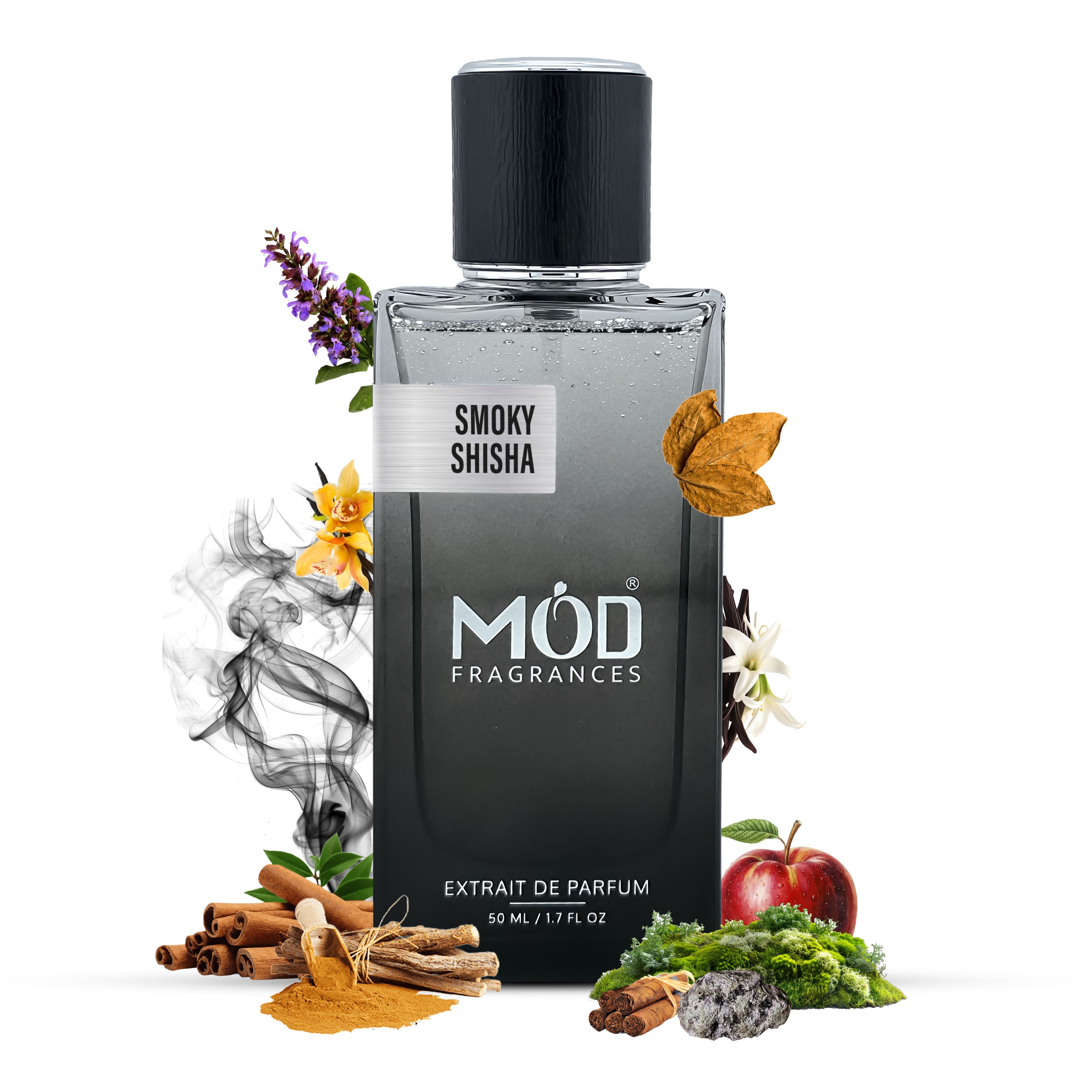 Inspired by Smoking Hot Möd Fragrances Smoky Shisha perfume bottle with floral and spice elements on a white background