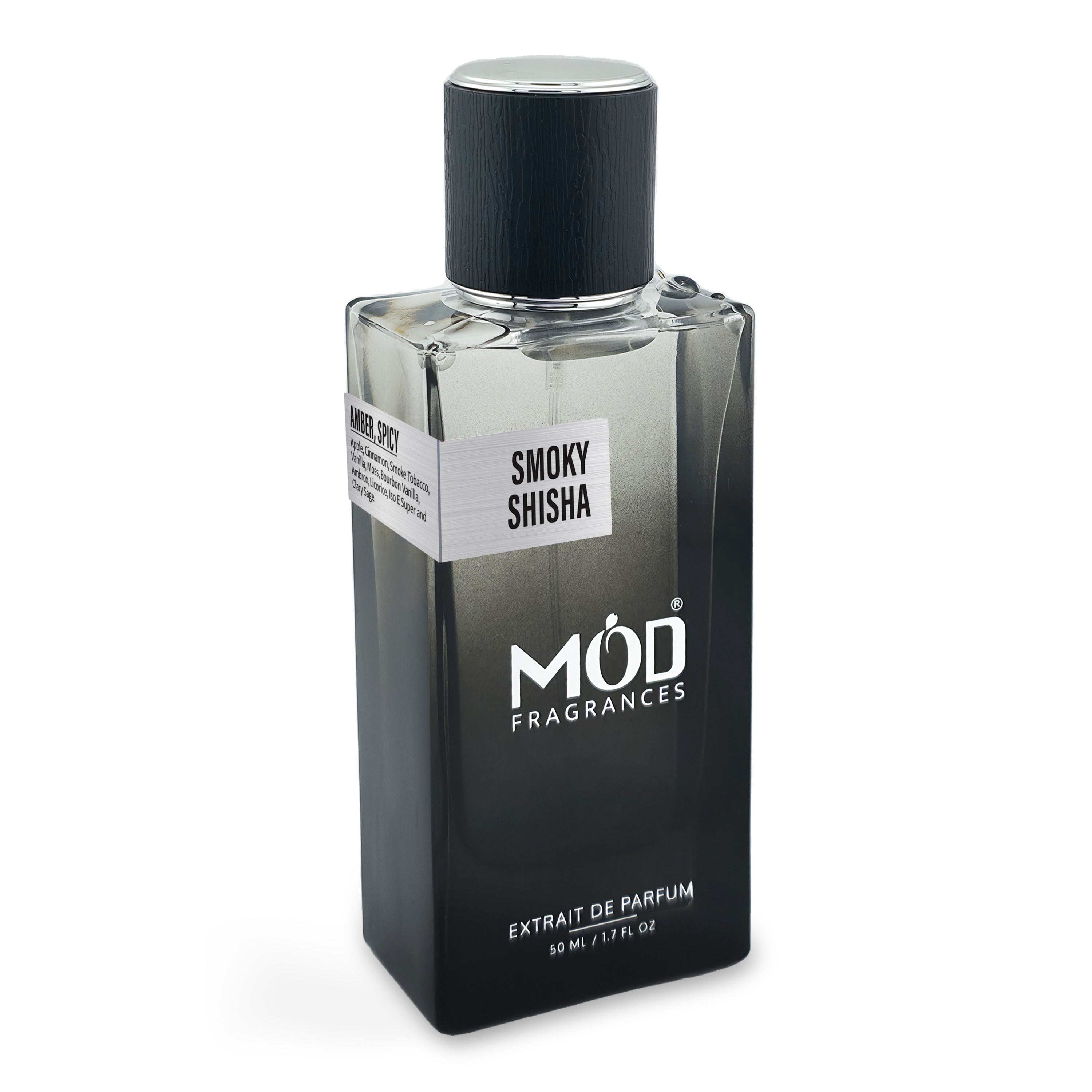 Inspired by Smoking Hot Black perfume bottle labeled 'Smoky Shisha' by MOD Fragrances on a white background
