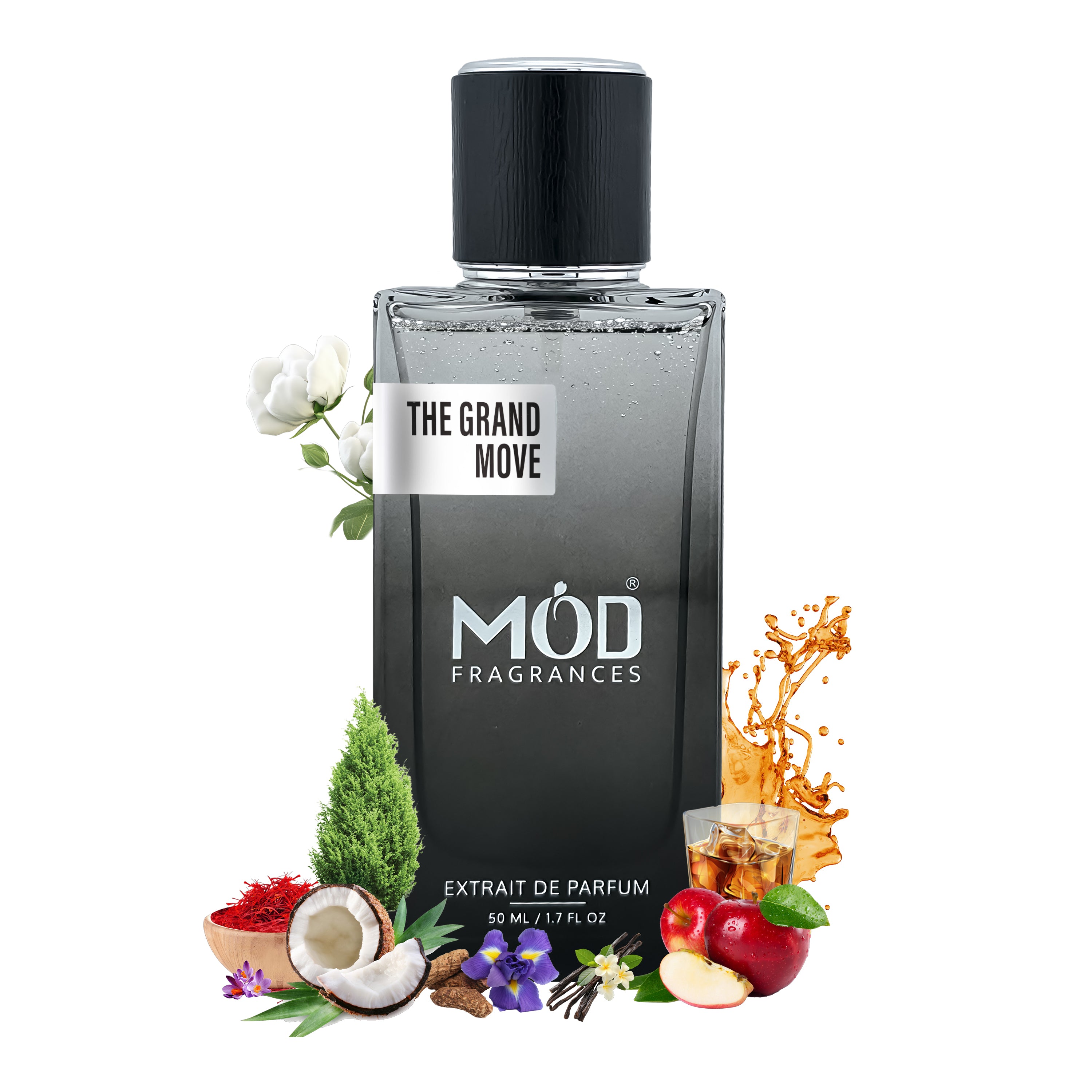 Inspired by Mind Games Queening - Black Perfume Bottle labeled The Grand Move by Mod Fragrances with Ingredients Bouquet