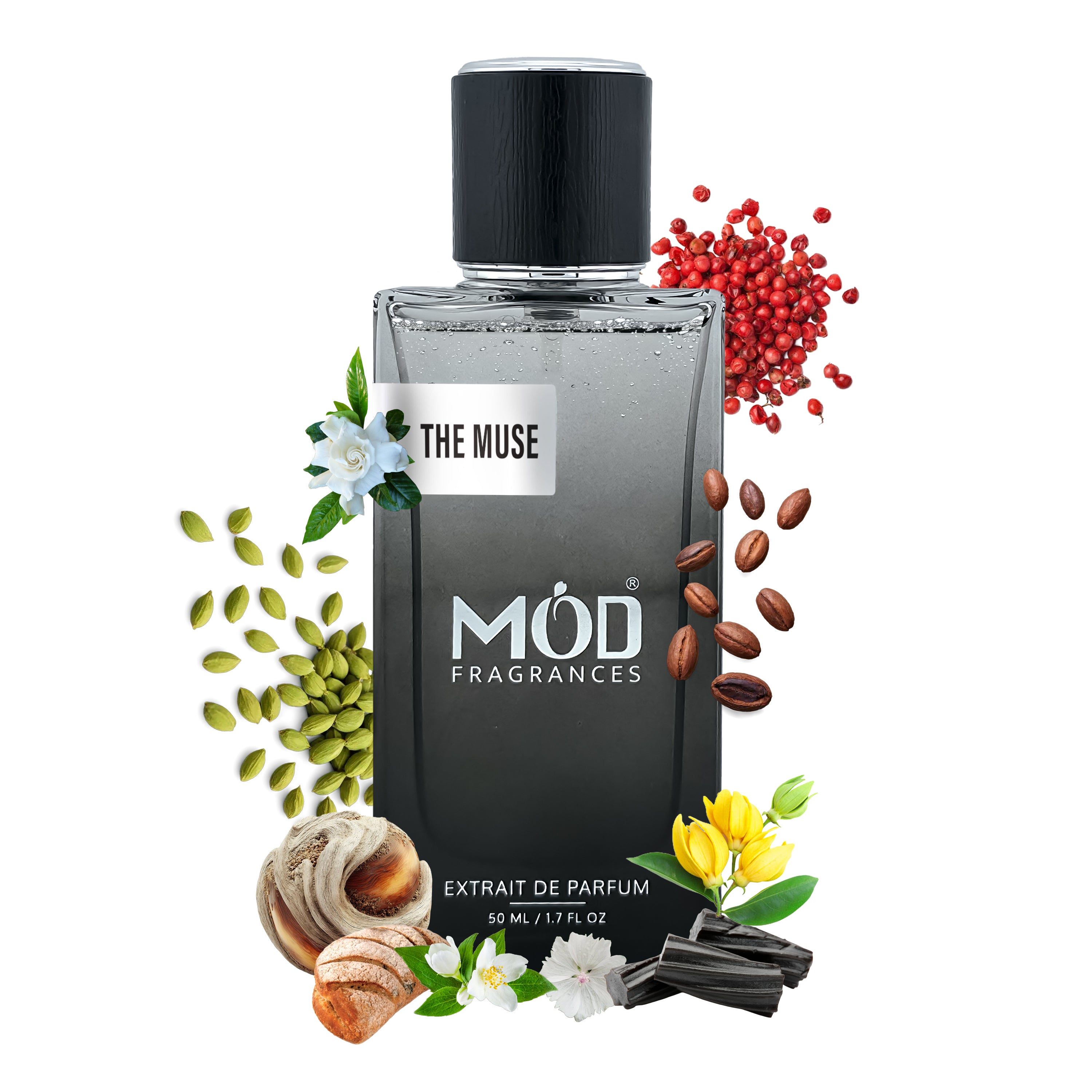 Inspired by Mind Games Caissa Black Perfume Bottle with Label The Muse by Mod Fragrances with ingredients pictures