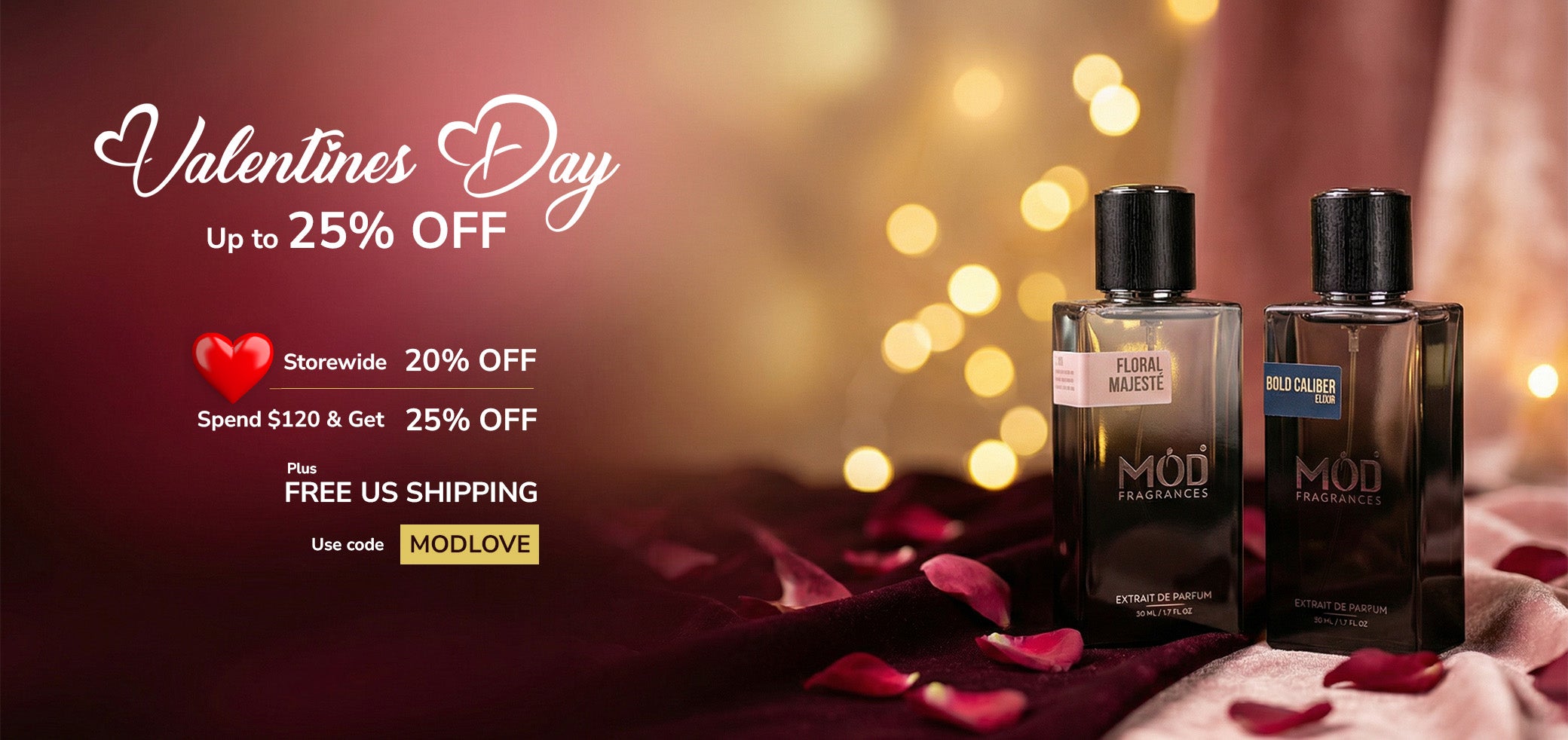 Up to 25% Off on Perfume Dupes - Two bottles of Mod Fragrances on a romantic background with Valentine's Day text and offers.