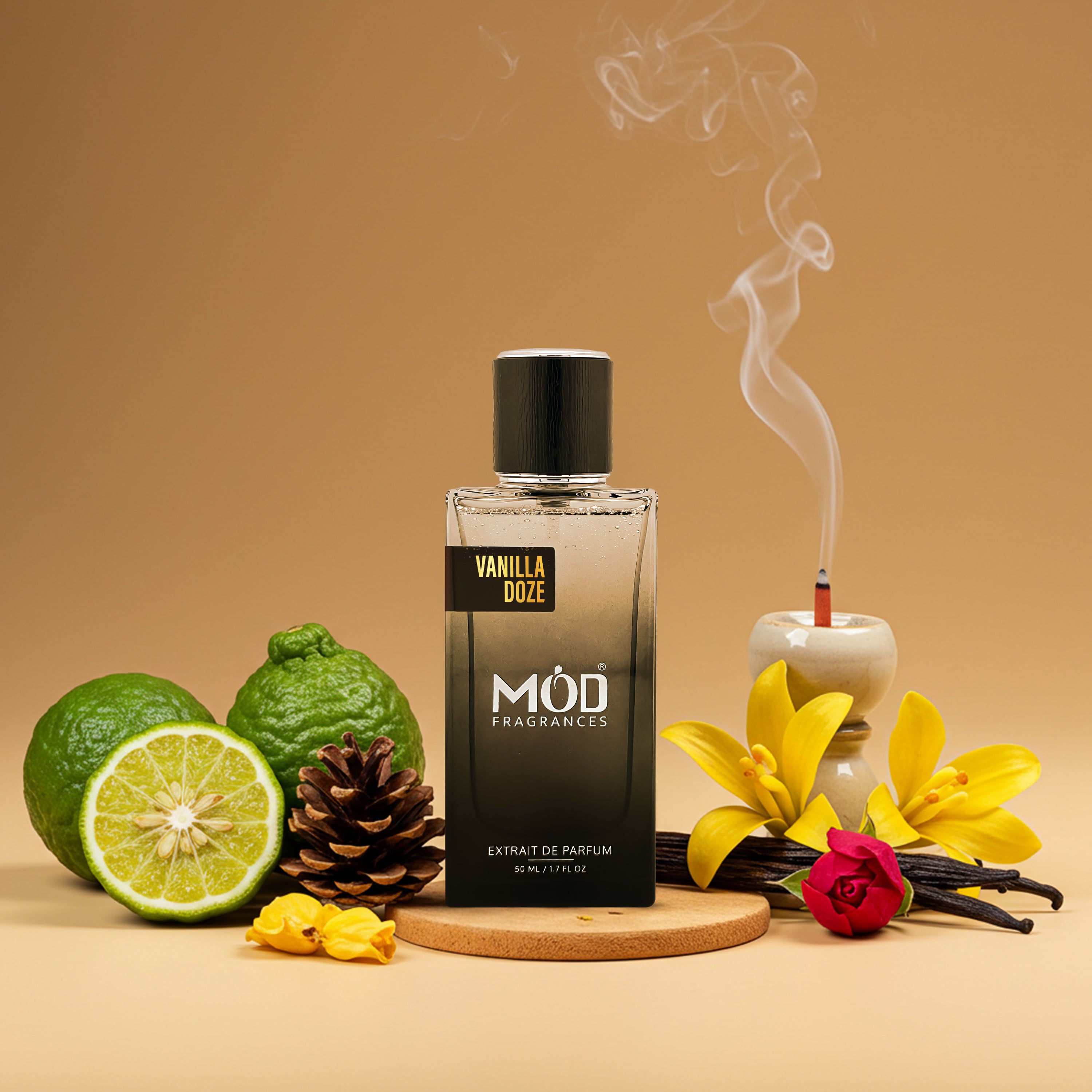 Inspired by Spiritueuse Double Vanille  Perfume bottle with vanilla and citrus elements on a beige background