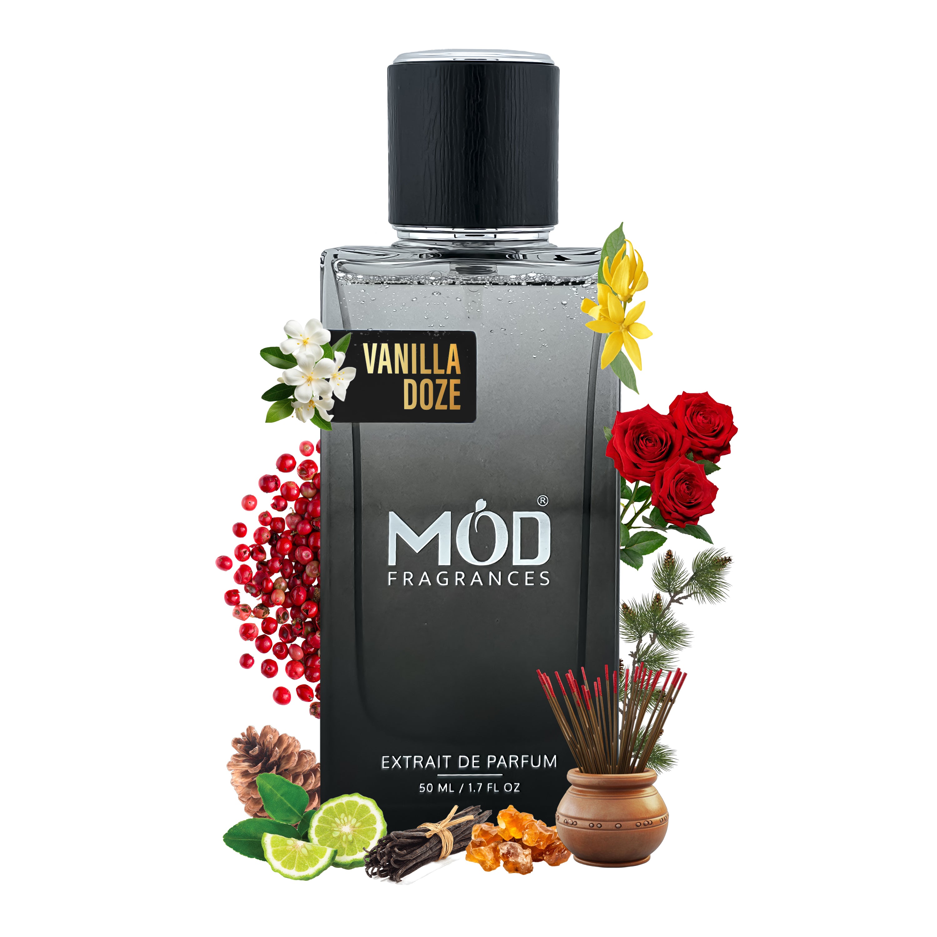 Inspired by Spiritueuse Double Vanille Vanilla Doze Möd Fragrances bottle with floral and spice elements on a white background