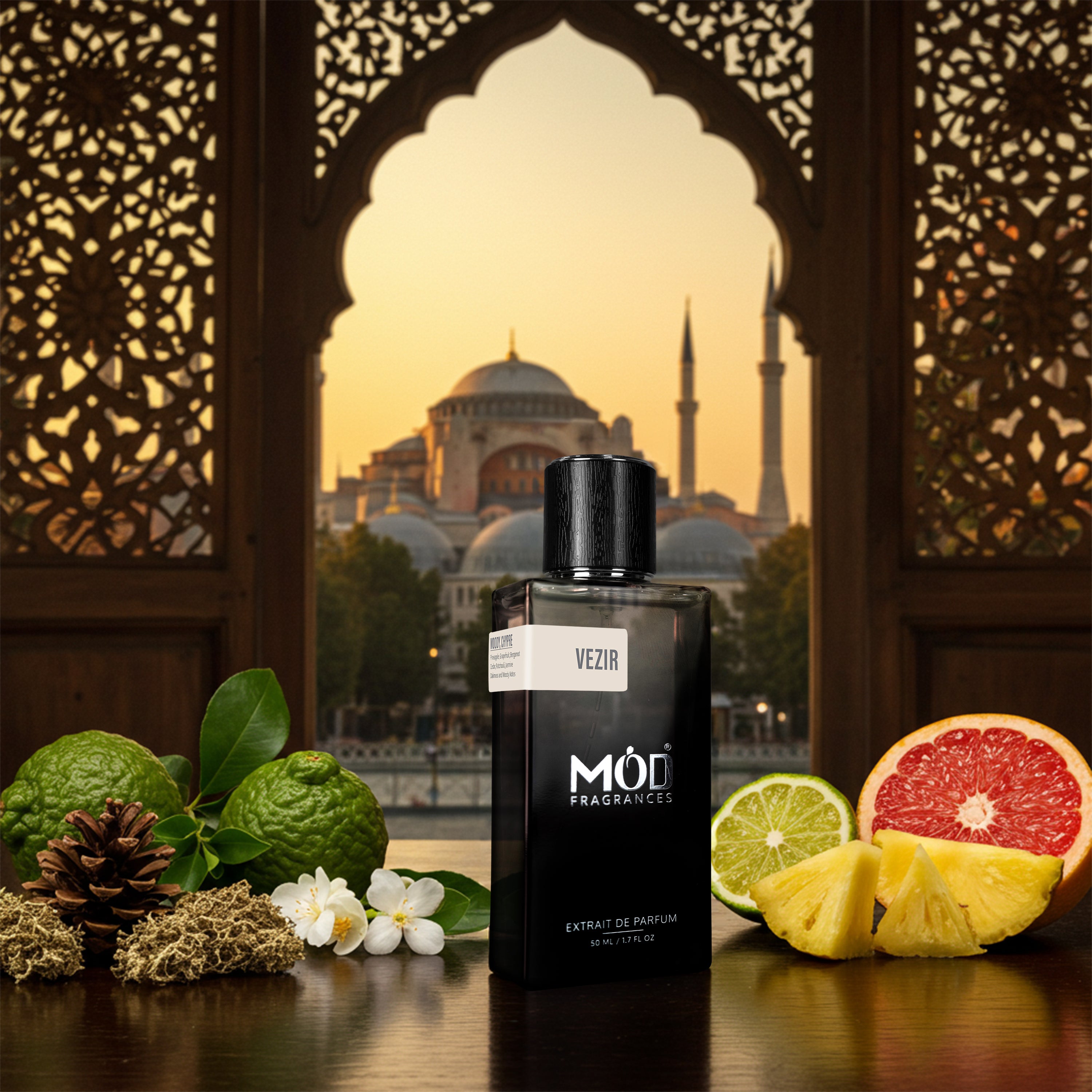 Inspired by Hacivat Möd Fragrances Vezir perfume bottle with fruits and flowers in front of a scenic background