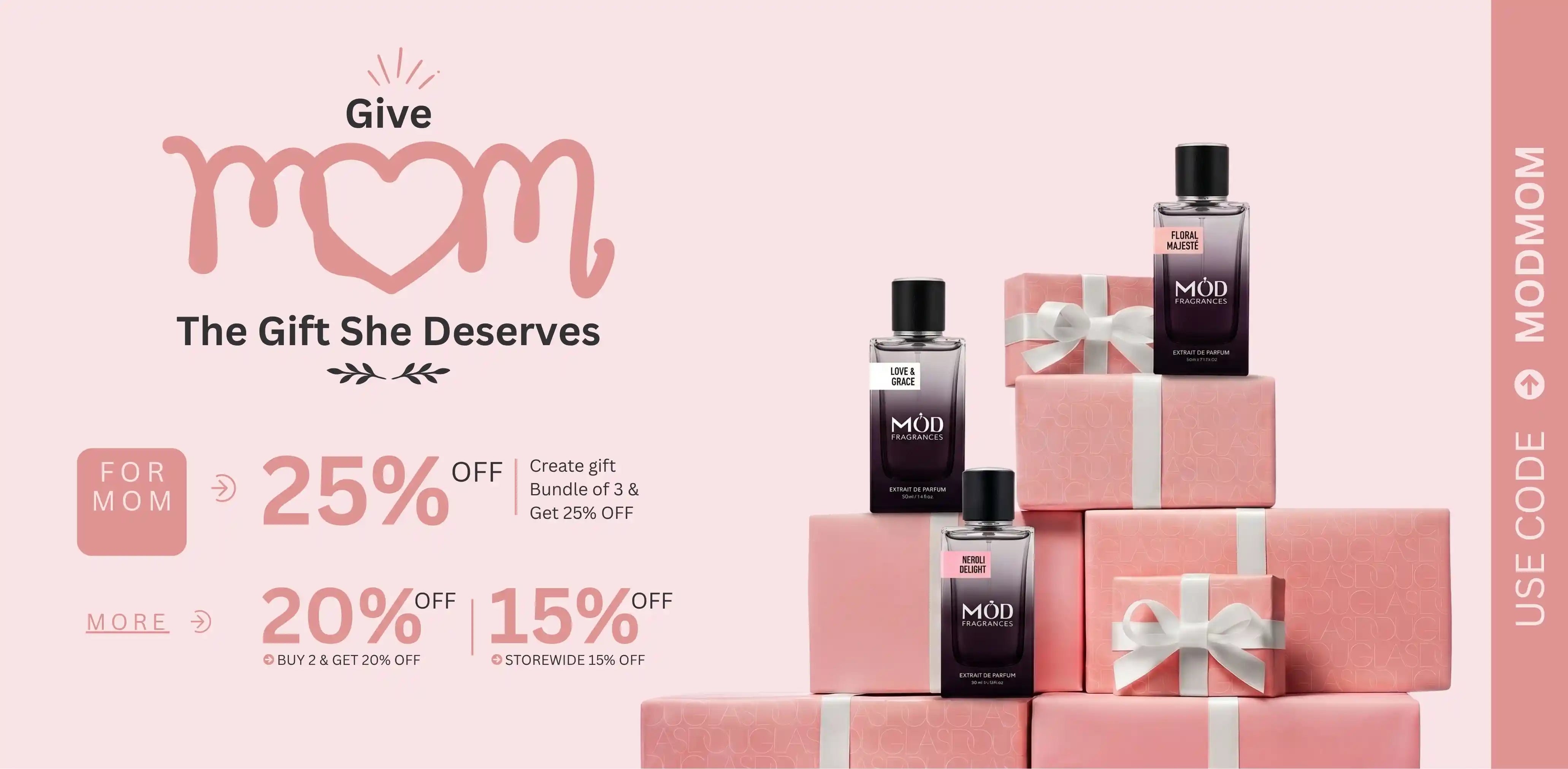 Promotional banner for Mother's Day gift set with Mod M product, featuring discounts on perfume and gift boxes.