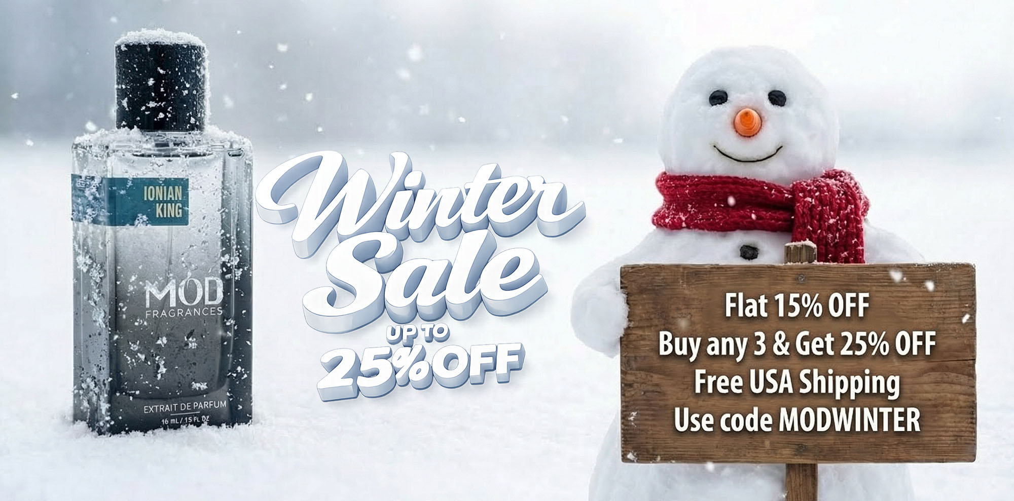 Perfume Dupes Website Fragrance bottle with snowman holding a sign in a snowy background, promoting a winter sale.