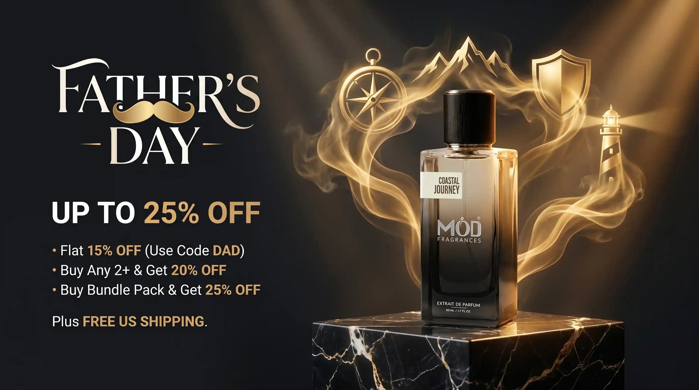 Father's Day sale advertisement with MOD Fragrances designer inspired perfume dupe bottle, watch, wallet, and pen on a wooden surface.