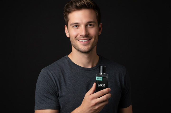 Man holding a black bottle with 'MOD' branding against a dark background