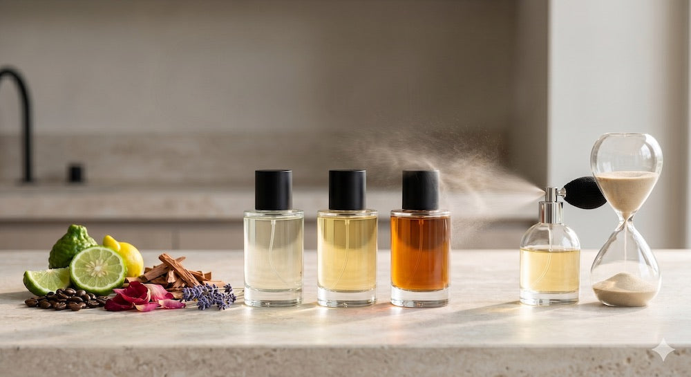 Raw fragrance ingredients, three perfume bottles showing different oil concentrations, a spraying atomizer, and an hourglass representing balanced scent profile, projection, and longevity.
