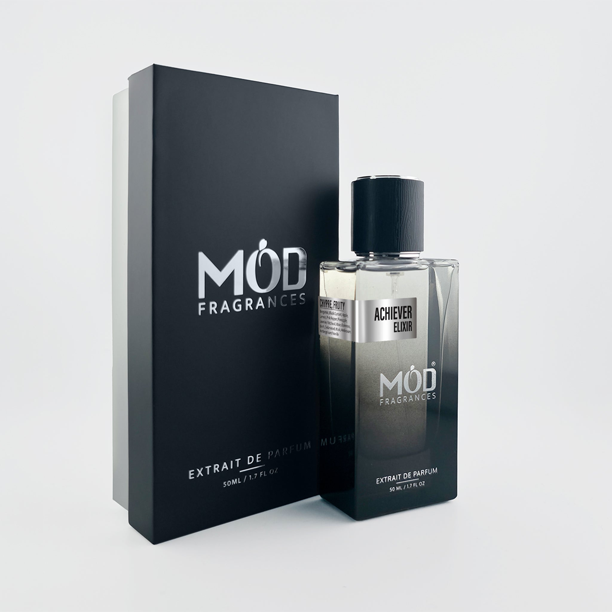 Inspired by Aventus Mod Fragrances perfume bottle and packaging on a light gray background