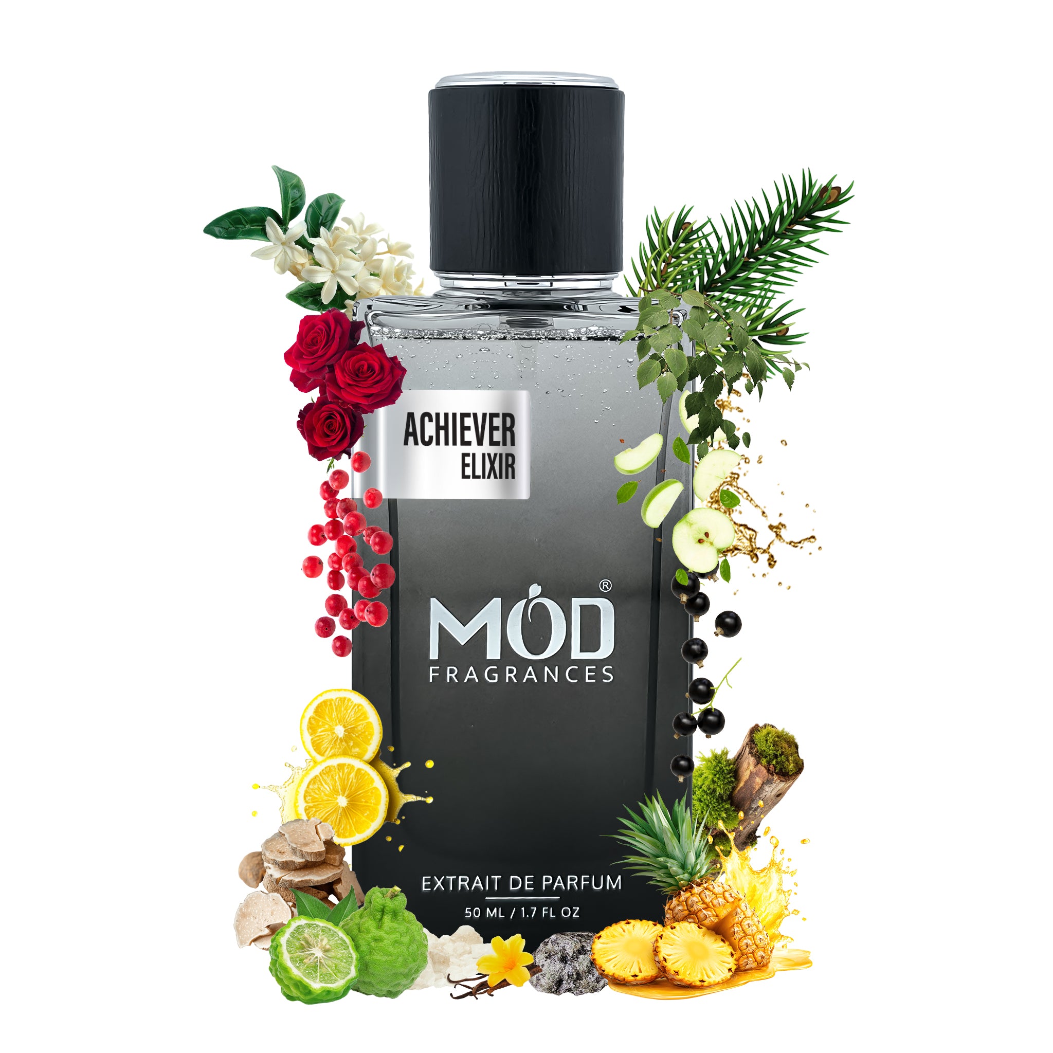 Inspired by Aventus Black perfume bottle labeled 'Möd Fragrances' surrounded by flowers and fruits on a white background