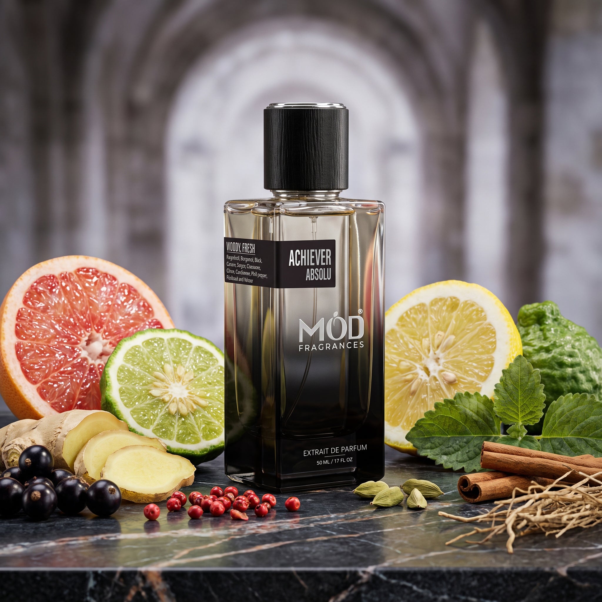 A rectangular glass perfume bottle by MOD Fragrances, labeled "Achiever Absolu" is standing between. its fruity woody and fresh ingredients. on black marble slab.