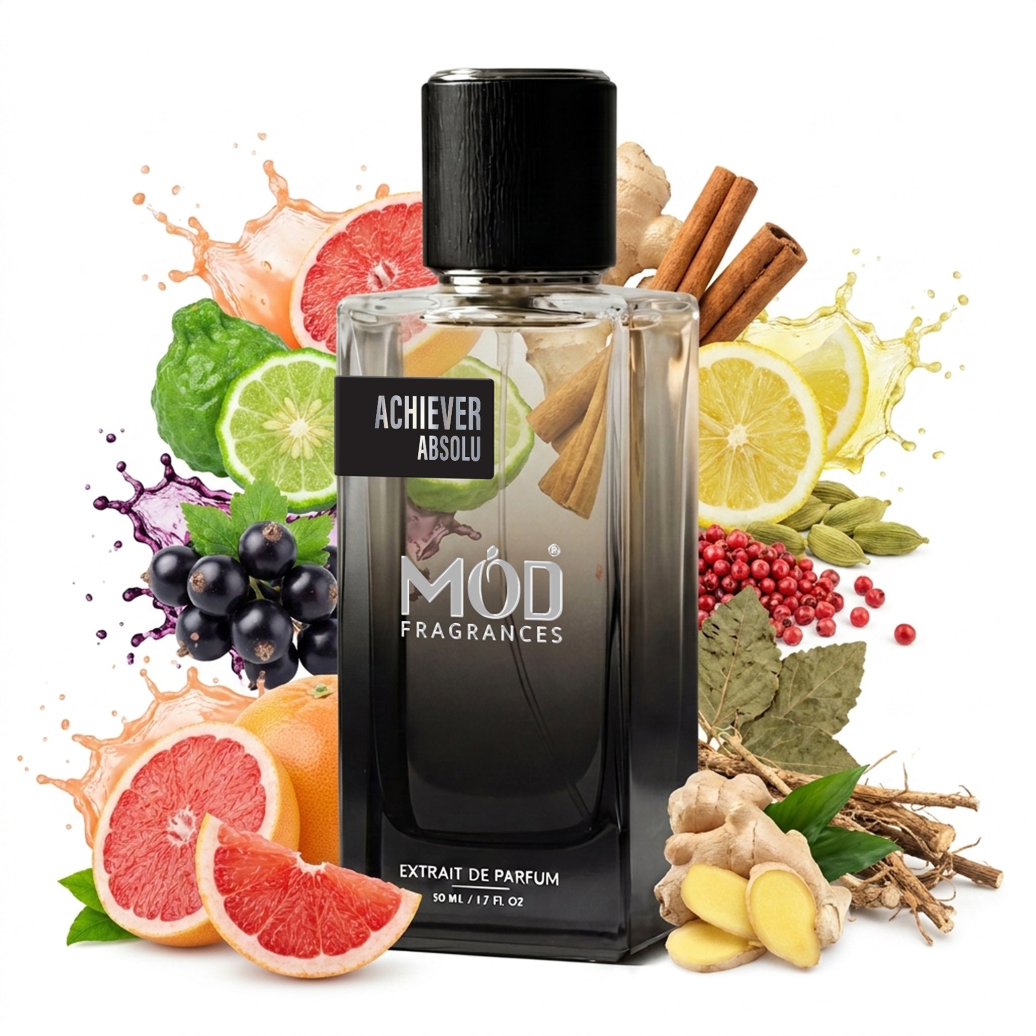 A glass perfume bottle by MOD Fragrances, labeled “Achiever Absolu” is surrounded by a vibrant artistic arrangement of its fragrance ingredients, including bergamot, citron, grapefruit, black currants, pink pepper, cinnamon, cardamom, vetiver, against a white background.