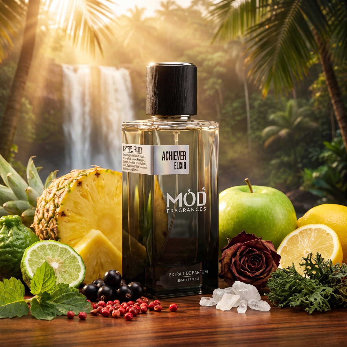A rectangular glass perfume bottle by MOD Fragrances, labeled "Achiever Elixir” is standing upright on wooden premium table top, surrounded by its ingredients like Bergamot, Black Currant, Apple, Lemon, Pink Pepper,	sliced Pineapple, Patchouli, Rose,	Oakmoss, Musk, Ambroxan. In the background there is dense tropical forest and natural waterfall, with golden sun rays, highlighting bottle, plants and perfume ingredients.