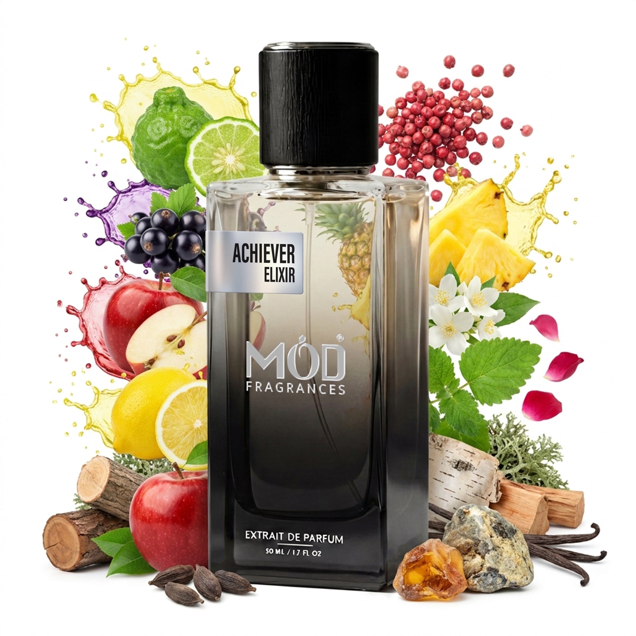 A glass perfume bottle by MOD Fragrances, labeled “Achiever Elixir” is surrounded by a vibrant artistic arrangement of its fragrance ingredients, Bergamot, Black Currant, Apple, Lemon, Pink Pepper,	sliced Pineapple, Patchouli, Rose,	Oakmoss, Musk, Ambroxan, against a white background.